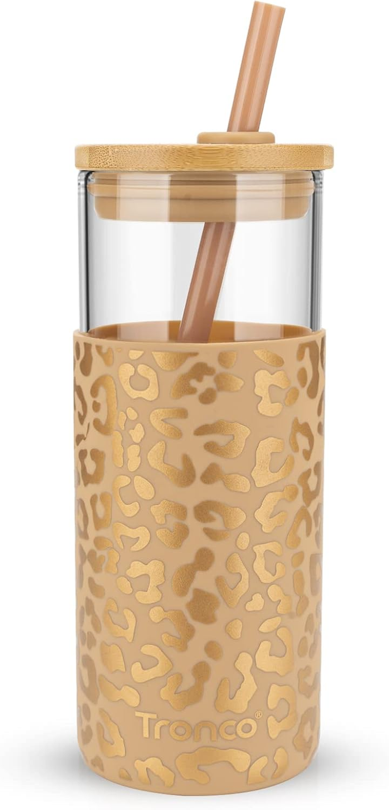 Tronco 20Oz Glass Tumbler Glass Water Bottle Straw Silicone Protective Sleeve Bamboo Lid - BPA Free, White