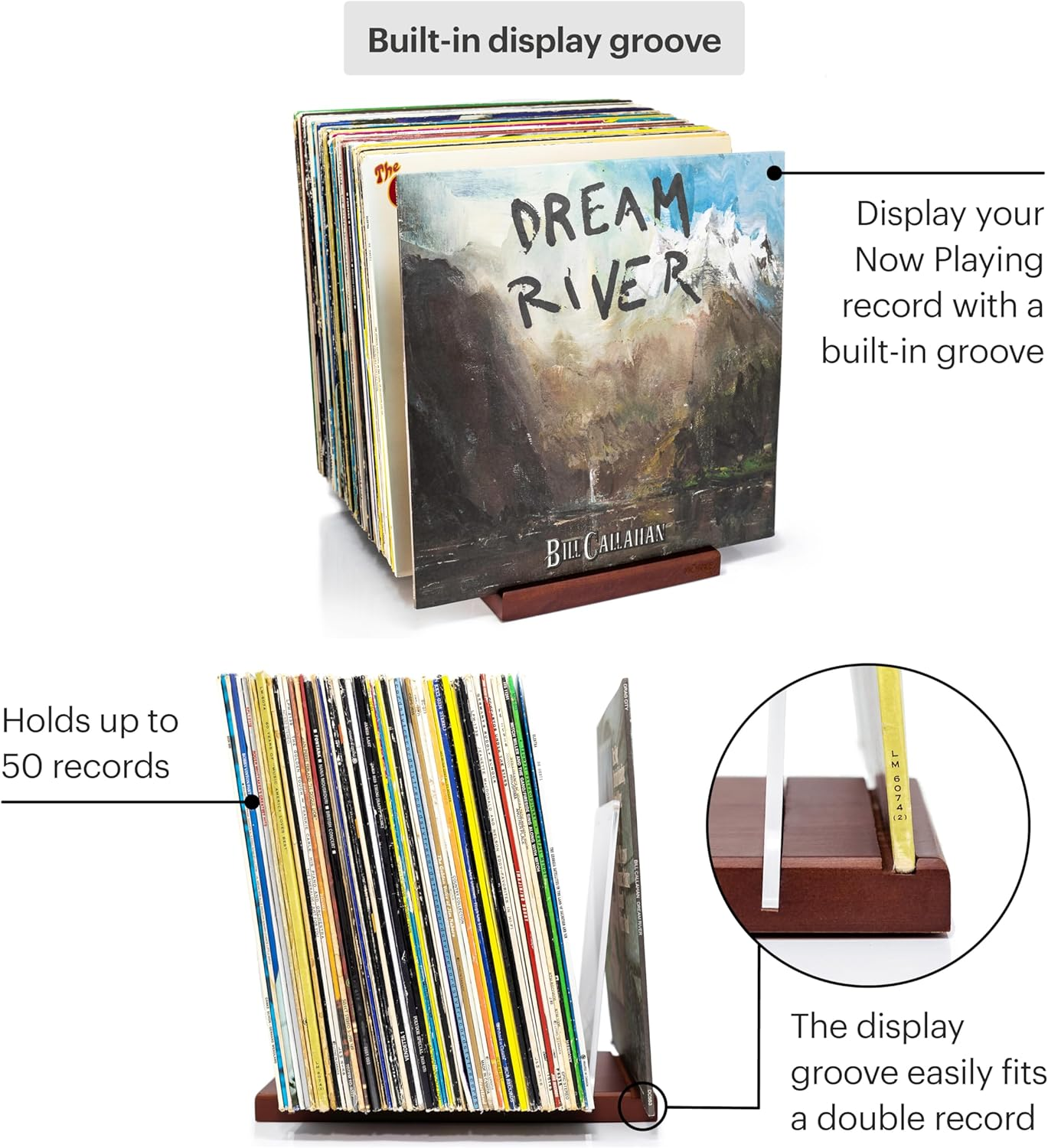 Premium Vinyl Record Storage - a Mid-Century Style Record Holder, 50 LP Capacity - with a Now-Playing Record Display Groove (Brown) image number 2