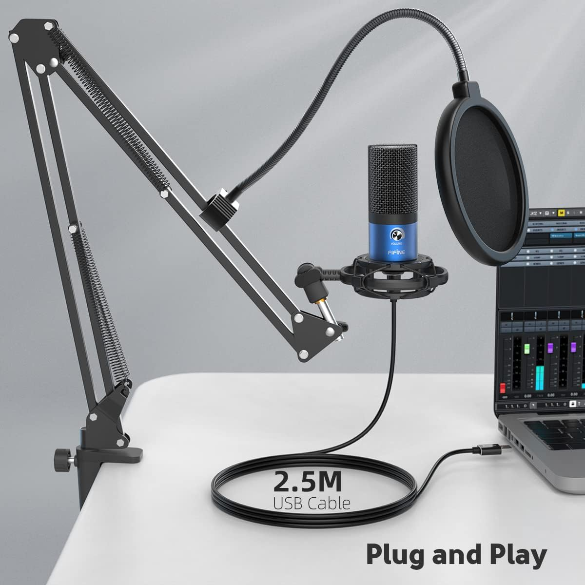 FIFINE USB Recording PC Microphone Kit, Computer Condenser Cardioid Mic on Mac Windows PS4/PS5, for Streaming, Podcasting, Gaming, Video, Home Use, with Gain Knob, Arm Stand-T669 Blue image number 6