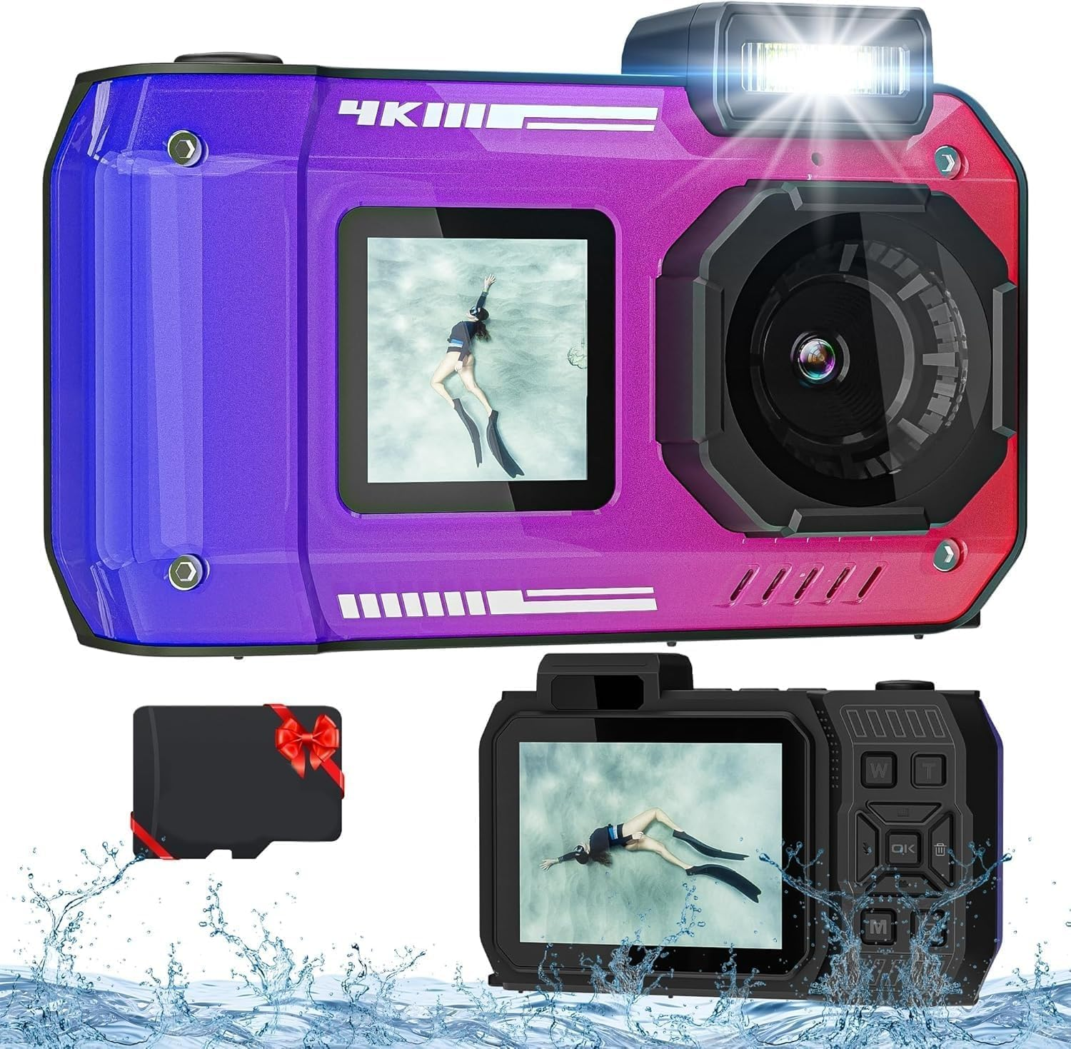 4K 33FT Digital Camera, 48MP Underwater Camera Waterproof Rugged Dustproof Shockproof for Snorkeling Diving, Selfie Dual-Screen Point and Shoot Digital Camera with 32G Card(Gradient Purple)