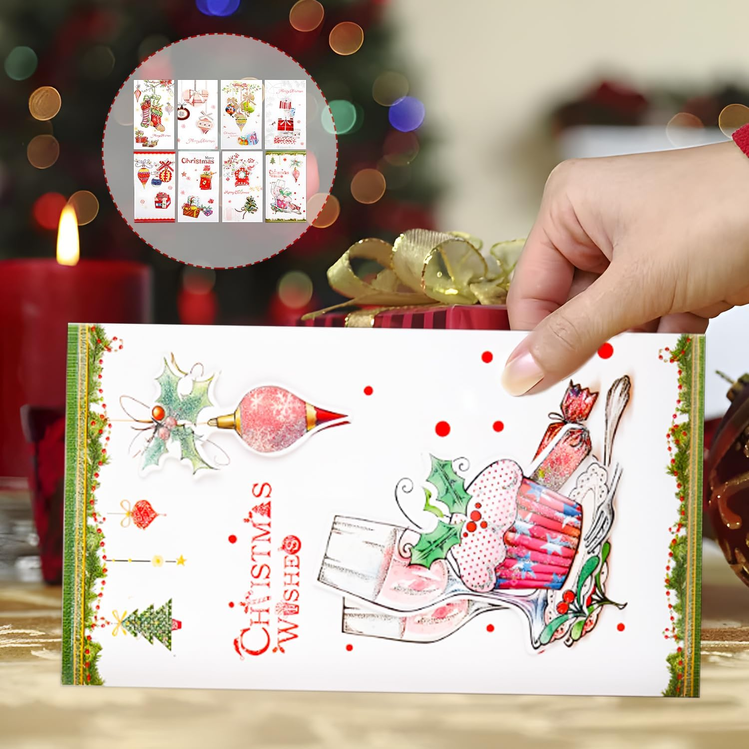 Recycled Christmas Cards with Envelopes (Set of 8), Christmas Folding Cards for Christmas Greetings - White/Red image number 1