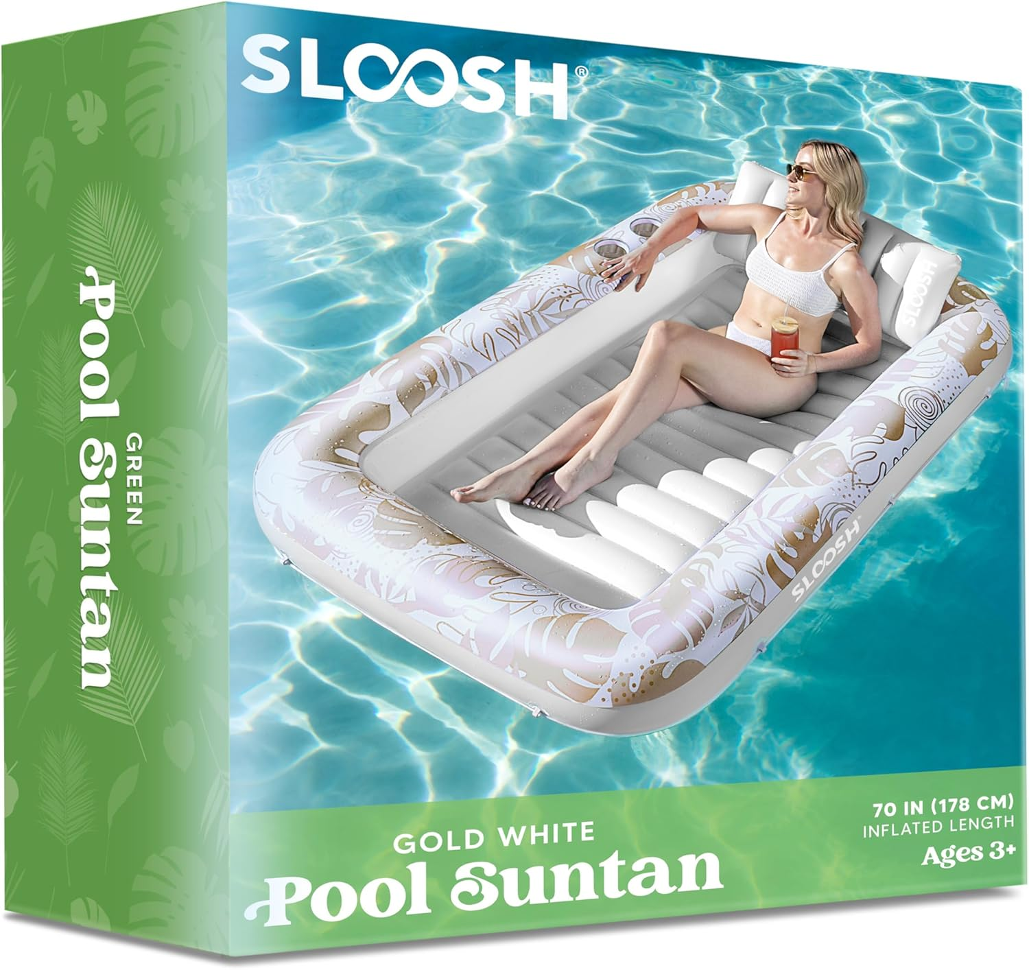 SLOOSH Inflatable Tanning Pool Lounger Float, 70" X 46" Pool Floats Adult with Pillow, 4 in 1 Suntan Tub Raft Floatie,Sunbathing Bed Lounge for Water Blow up Kids Ball Pit Party Gifts, L-Champagne image number 2