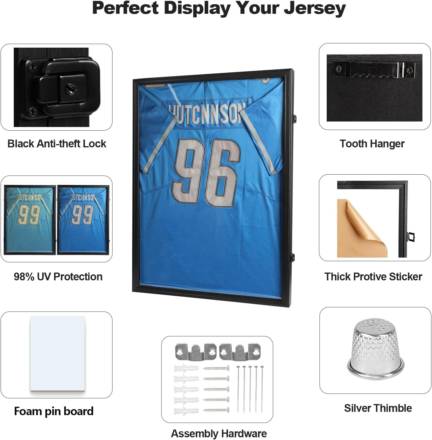 Jersey Frame Display Case - Football Jersey Display Frame - Lockable Jersey Shadow Box with UV Protection Acrylic Door and Hanger for Hockey Soccer Basketball Baseball Shirts, Black