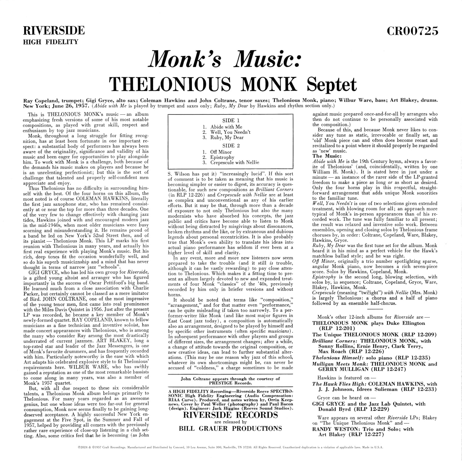 Monk'S Music (Original Jazz Classics Series) image number 1