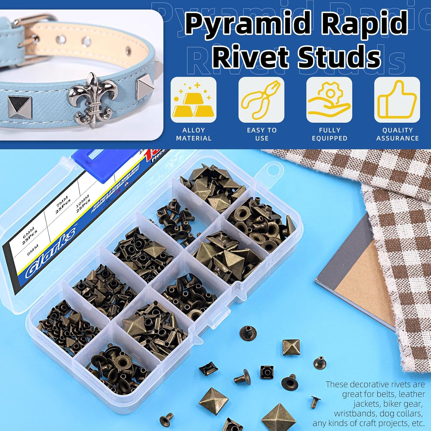 Glarks 150Pcs Bronze Spike Rivet, 6Mm 7Mm 8Mm 9Mm 10Mm 12Mm Pyramid Rapid Rivet Studs Square Punk Spikes Leather Craft Decoration for Clothing Belts Bags Shoes image number 4