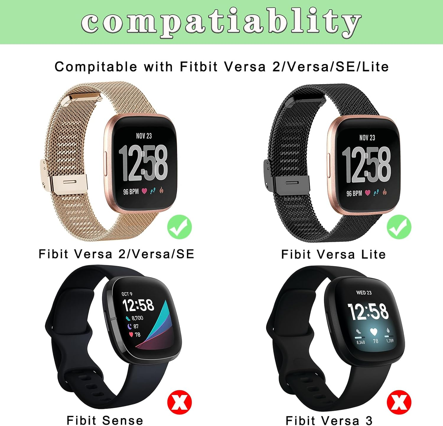 2-Pack Metal Bands for Fitbit Versa 2/ Versa Lite/Fitbit Versa Se/Versa Band, Stainless Steel Strap Bands for Versa 2 Bands Women Men Women Men image number 1