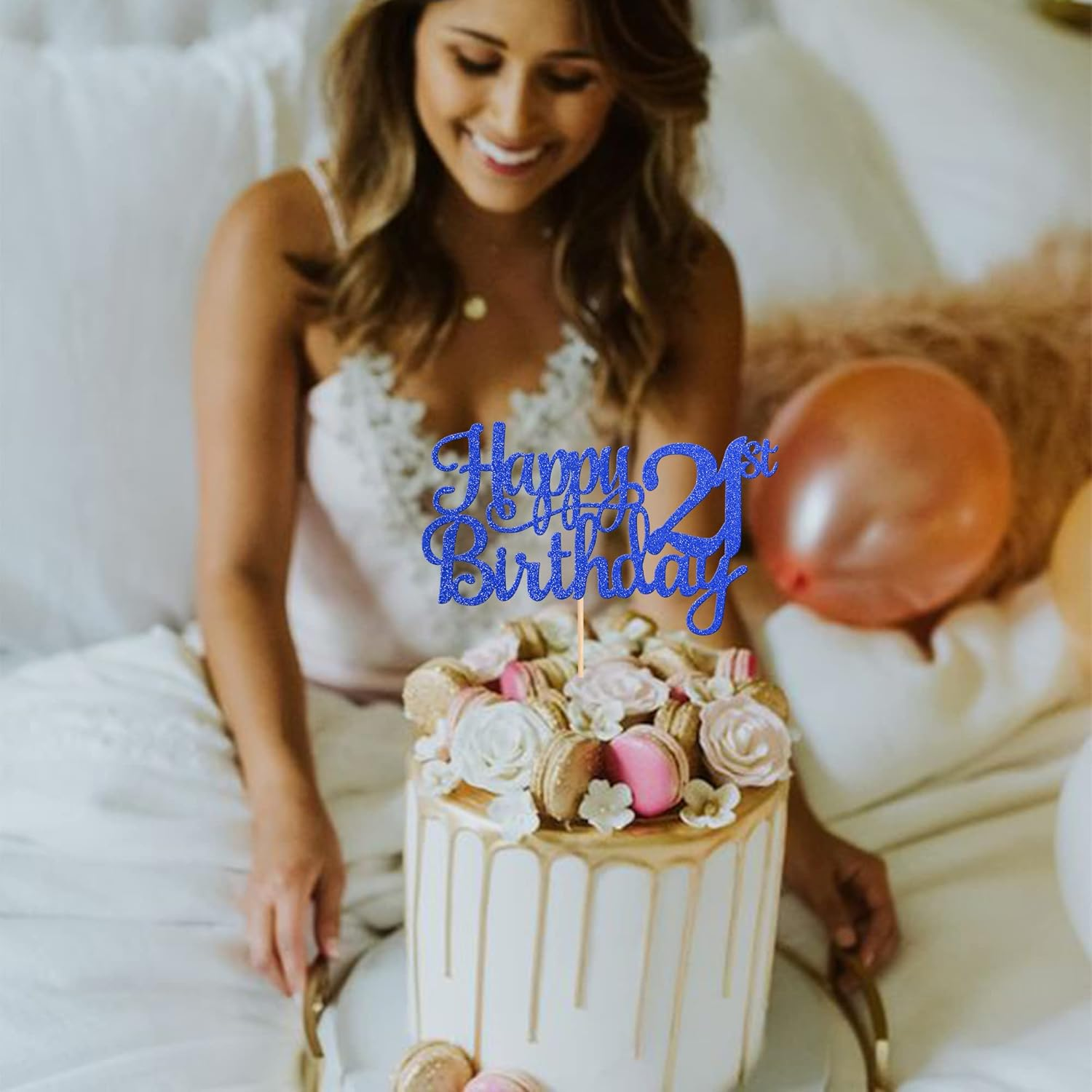 1 Pack Happy 21St Birthday Cake Topper Glitter Cheers to 21 Years Birthday Cake Pick Twenty One 21 Fabulous Cake Decoration for Happy 21St Birthday Theme Party Decorations Supplies Blue image number 4