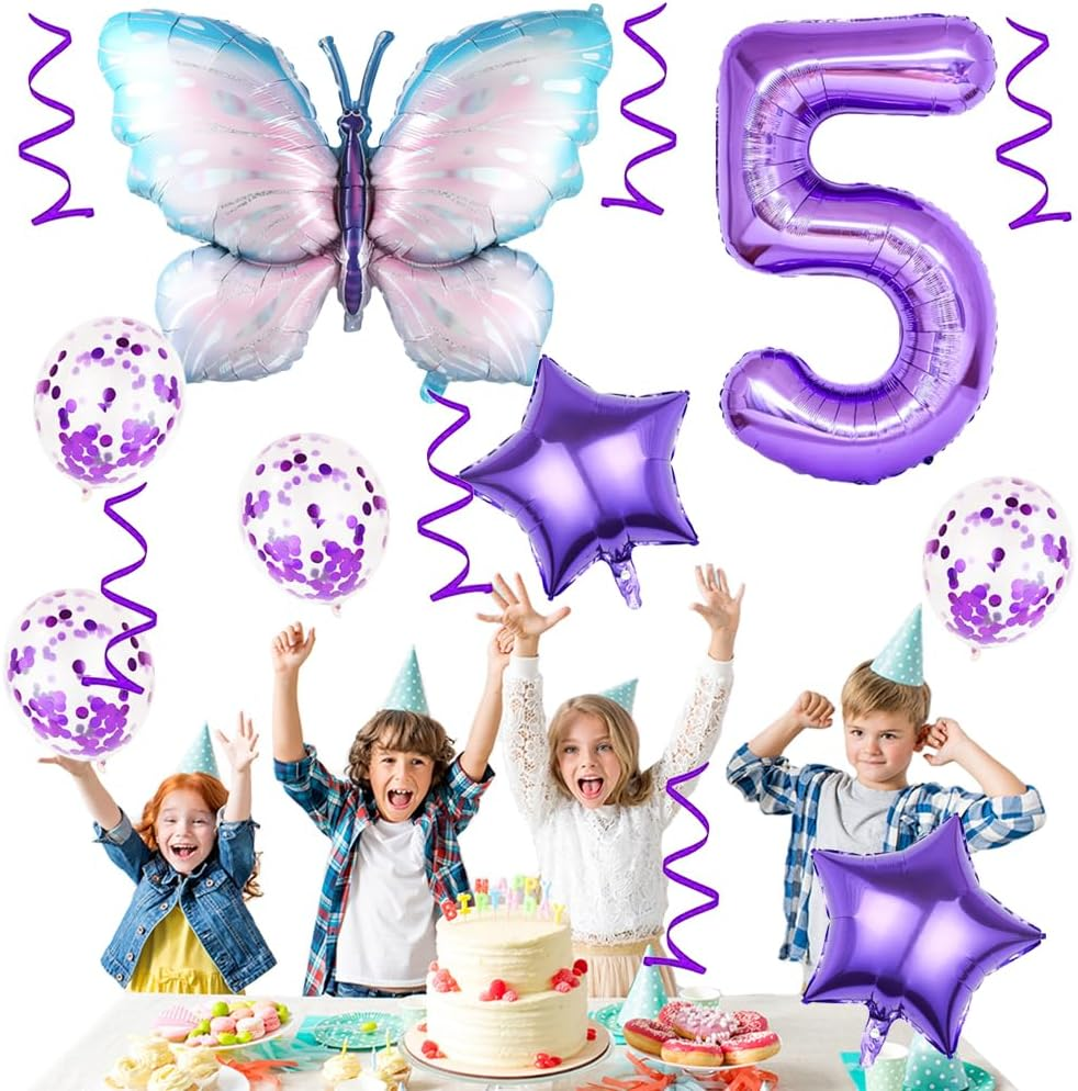 5 Years Butterfly Birthday Decoration Large Colourful Butterfly Foil Balloon 5Th Birthday Butterfly Balloon Purple Number 5 Balloon for Girls Birthday Party - 7 image number 2