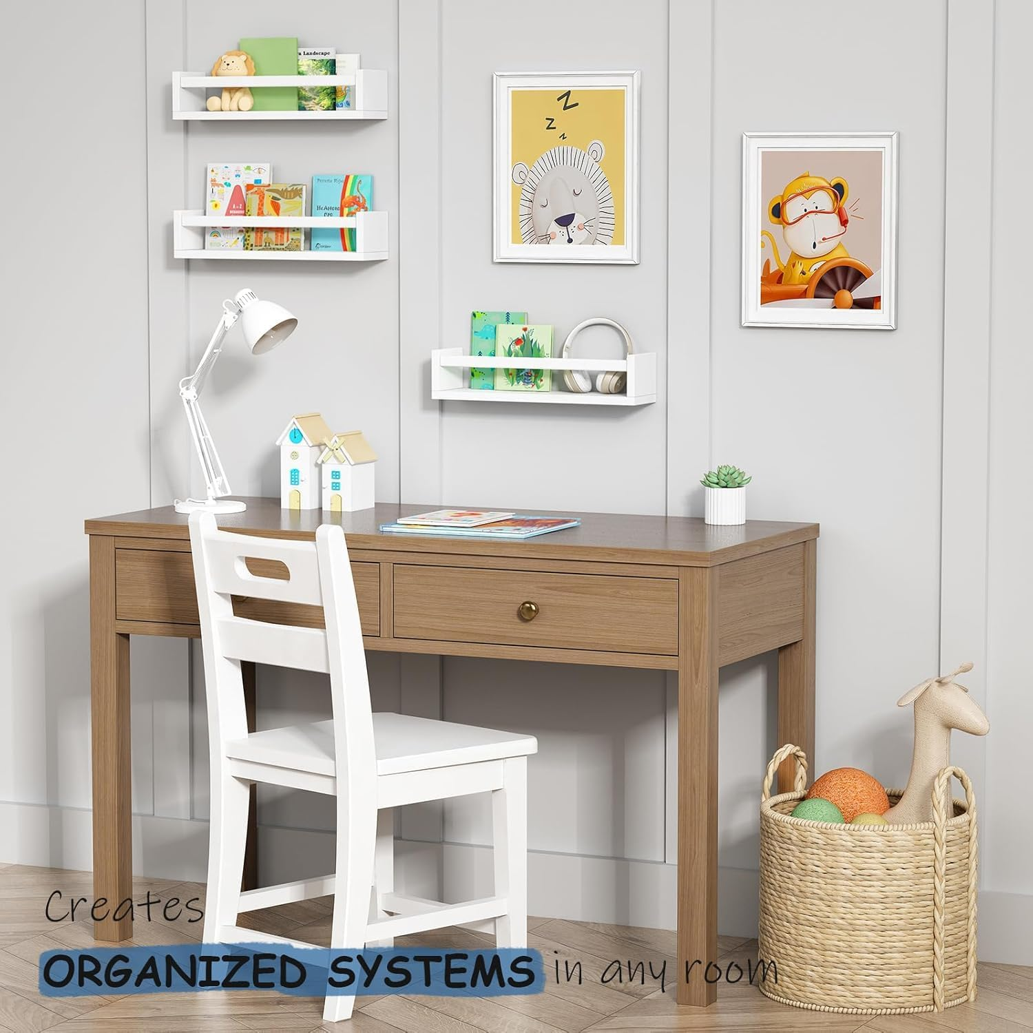 Floating Shelves, 16.5 Inch Nursery Shelves Set of 3, Wall Mounted Natural Solid Wood Kids Bookshelf, Baby Nursery Decor for Books Bedroom (White) image number 3