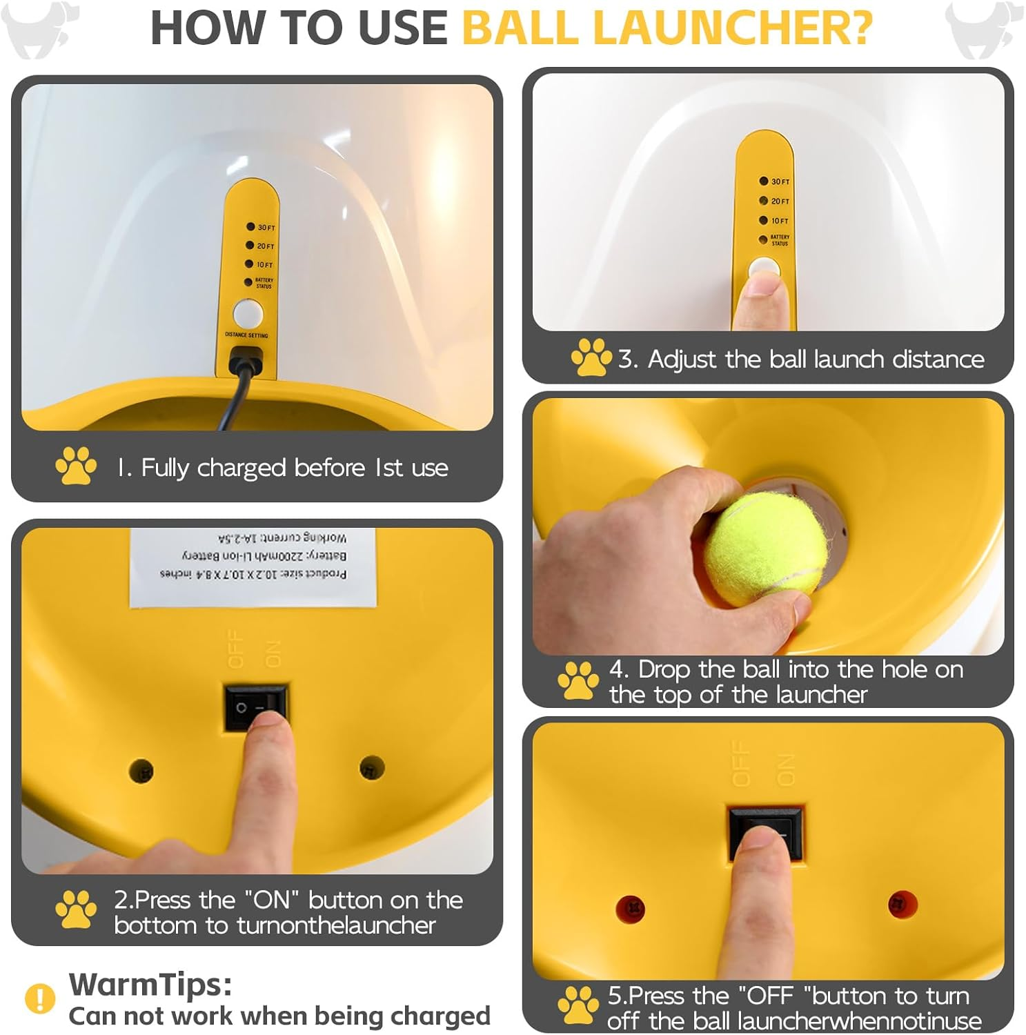 Dog Ball Thrower, Rechargeable Dog Ball Launcher, 3 Modes Interactive Thrower for Indoor & Outdoor, Suitable for Small & Medium Dogs, Yellow (3 Tennis Balls Included) image number 5