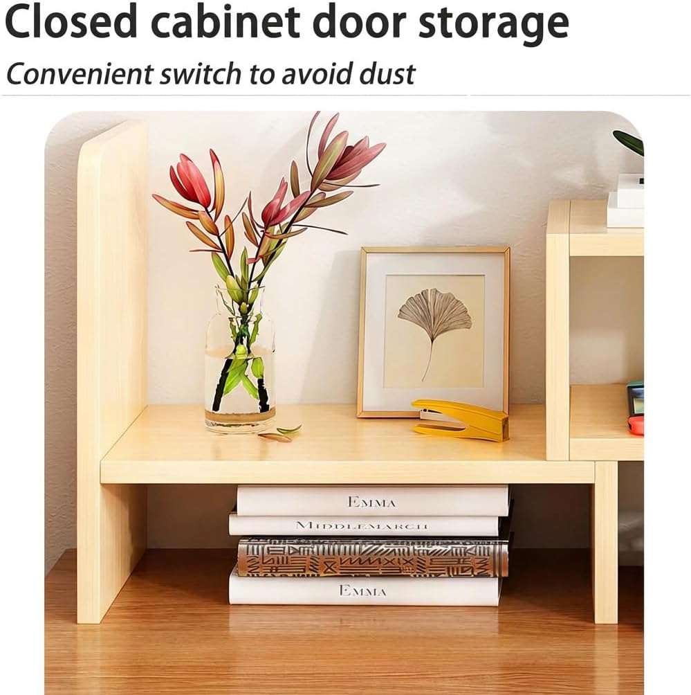 Joiena Desktop Bookshelf Desk Storage Organizer Adjustable Wood Bookcase Desktop Display Shelf Stand Rack with Cabinet Office Supplies (Wood, without Door) - With Door, Brown image number 4