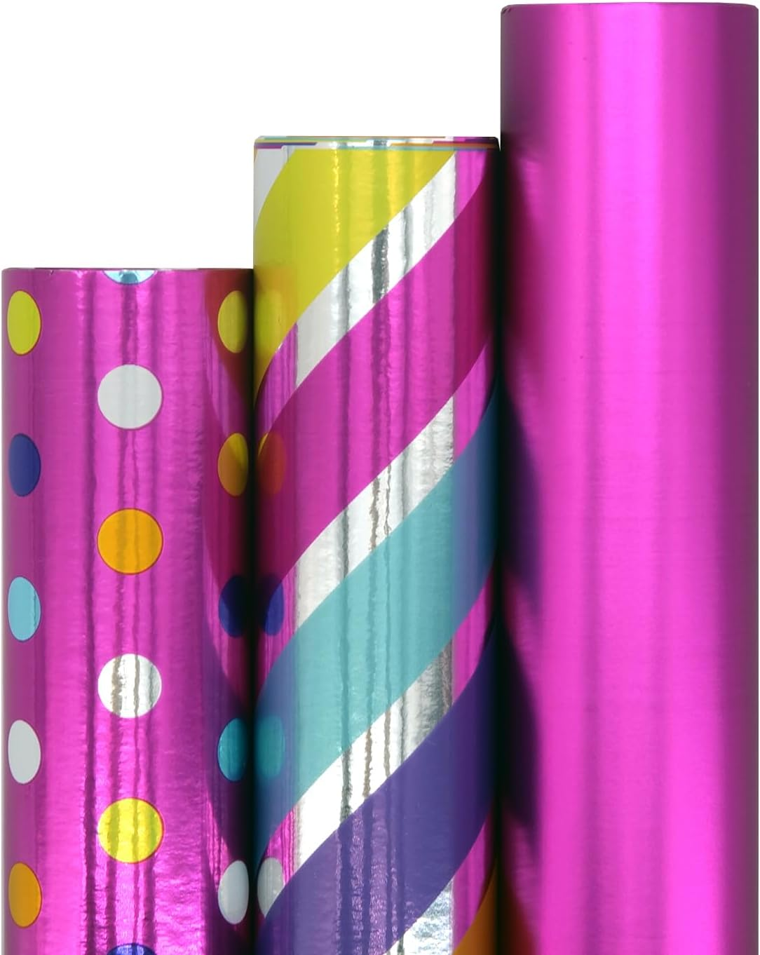 Blavermant Wrapping Paper Roll - Pink Set 3 Mini Rolls - 17In X 10Ft per Roll - Solid Metal/Rainbow/Pink Polka Dot Design (42.3 Sqft) for Party, Birthday, Wedding, Rainbow2Pink image number 3