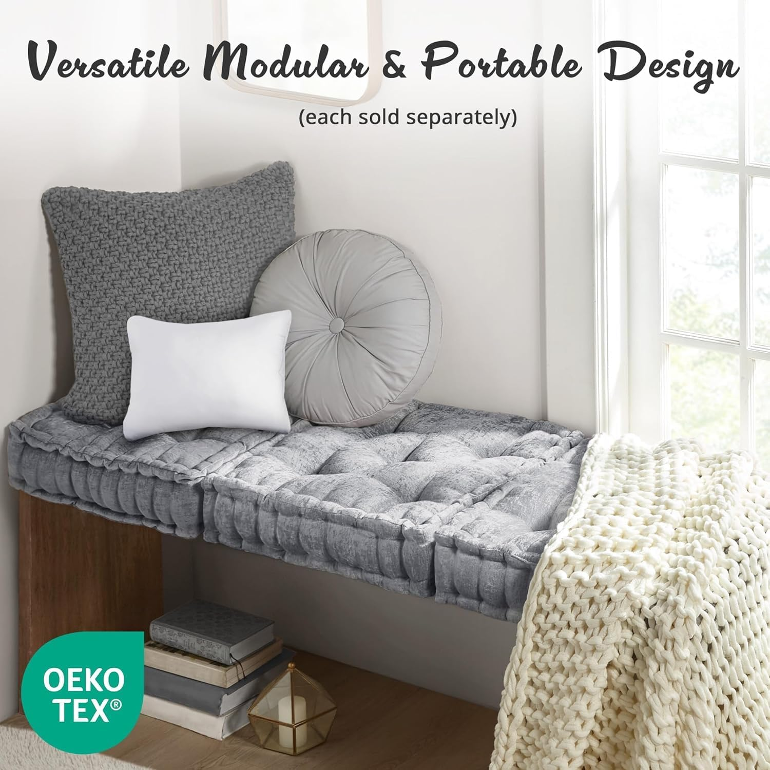 Intelligent Design Azza Floor Pillow, Large Cushions Sitting for Adults, Floor Pillow for Meditation or Yoga, Lustrous Chenille Tufted with Scalloped Edges for Bench/Chair Cushion, 20"X20"X5" Grey image number 7