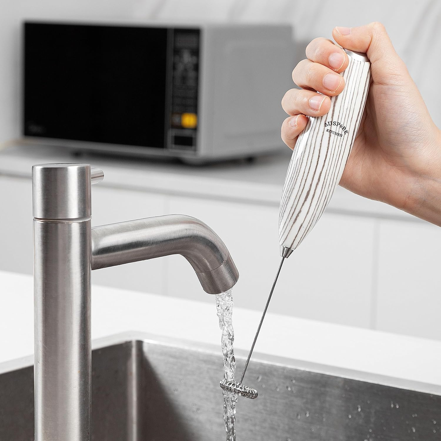 AUSPURE Milk Frother Handheld, Electric Stainless Steel Whisk for Coffee, Latte, Cappuccino, Hot Chocolate, Matcha & Protein Drinks - Battery Operated, White Wood
