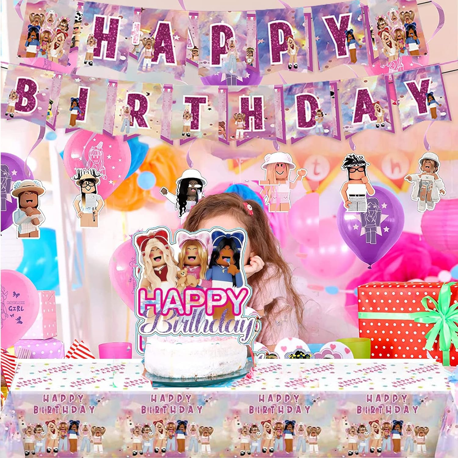 Robot Girls Party Birthday Supplies, Girls Game Theme Party Tableware with Happy Birthday Banner, Tablecloth, Disposable 7" Paper Plates with Napkins for Fans Party Supplies Decorations image number 3