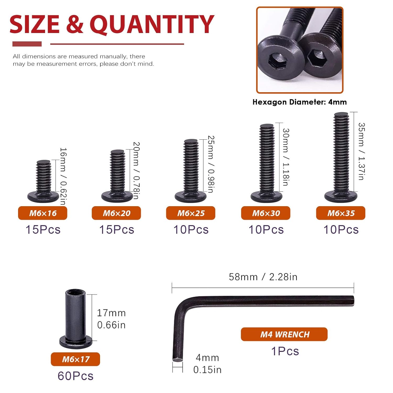 Hilitchi 120Pcs M6 Hex Drive Socket Cap Bolts Kit Countersunk Head Screws Bolts Dowel Barrel Nuts Crib Nuts Assortment Kit for Furniture Hardware Fitting (16/20/25/30/35Mm) image number 3