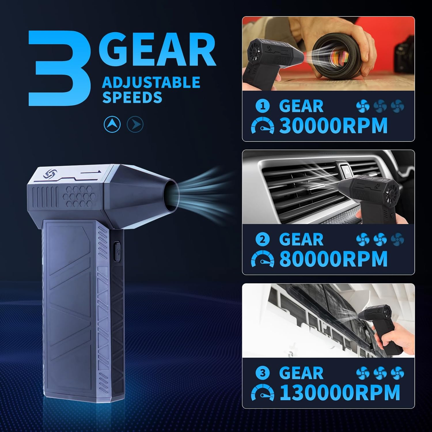 Electric Air Duster, Compressed Air Cleaner for PC. 130000RPM Air Blower, 3-Speed Cordless Rechargeable Air Blaster Jet Fan for Laptop, Keyboard, Cars, Replaces Compressed Air Can image number 3