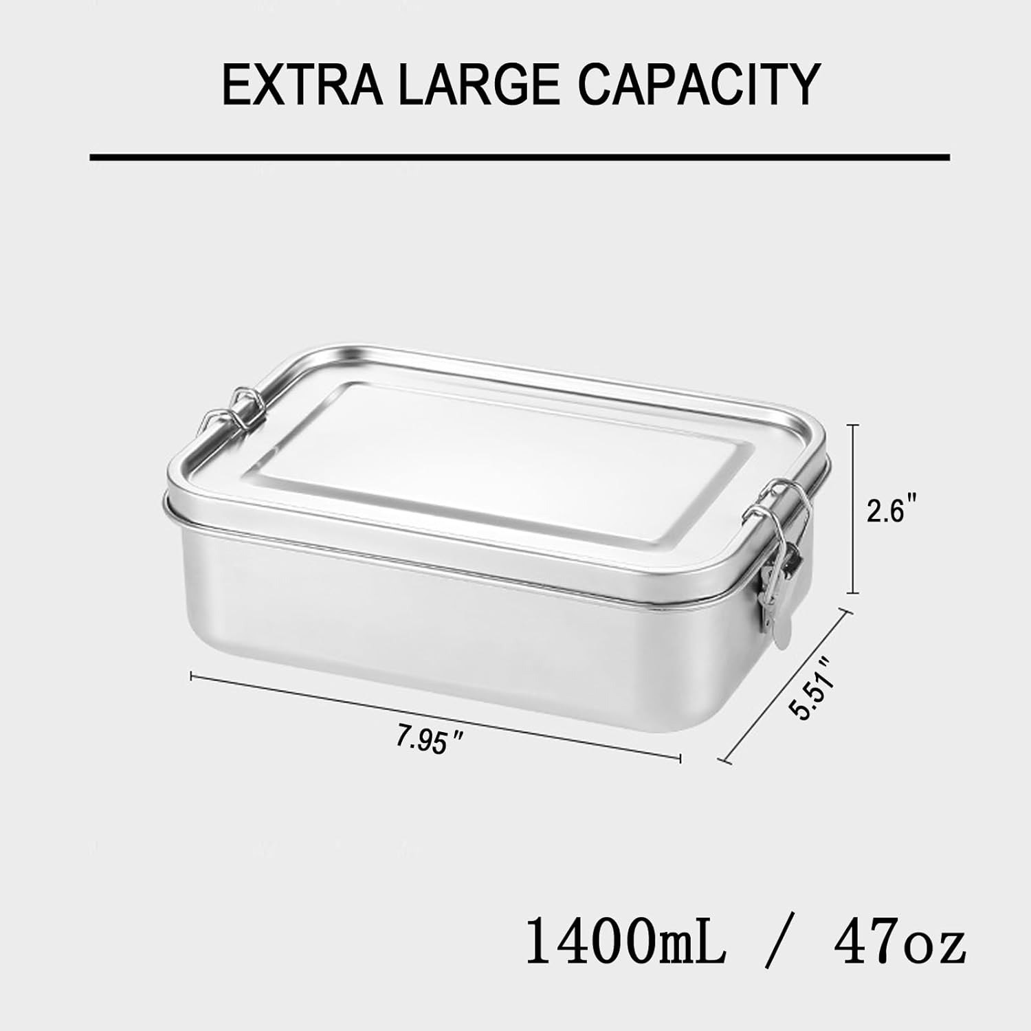 DAITET Leak-Proof Lunch Box Stainless Steel Bento Lunch Food Box Container with Removable Dividers Stainless Lid Lunch Box with Compartments Large Single Layer Rectangular Lunchbox(47Oz) image number 4