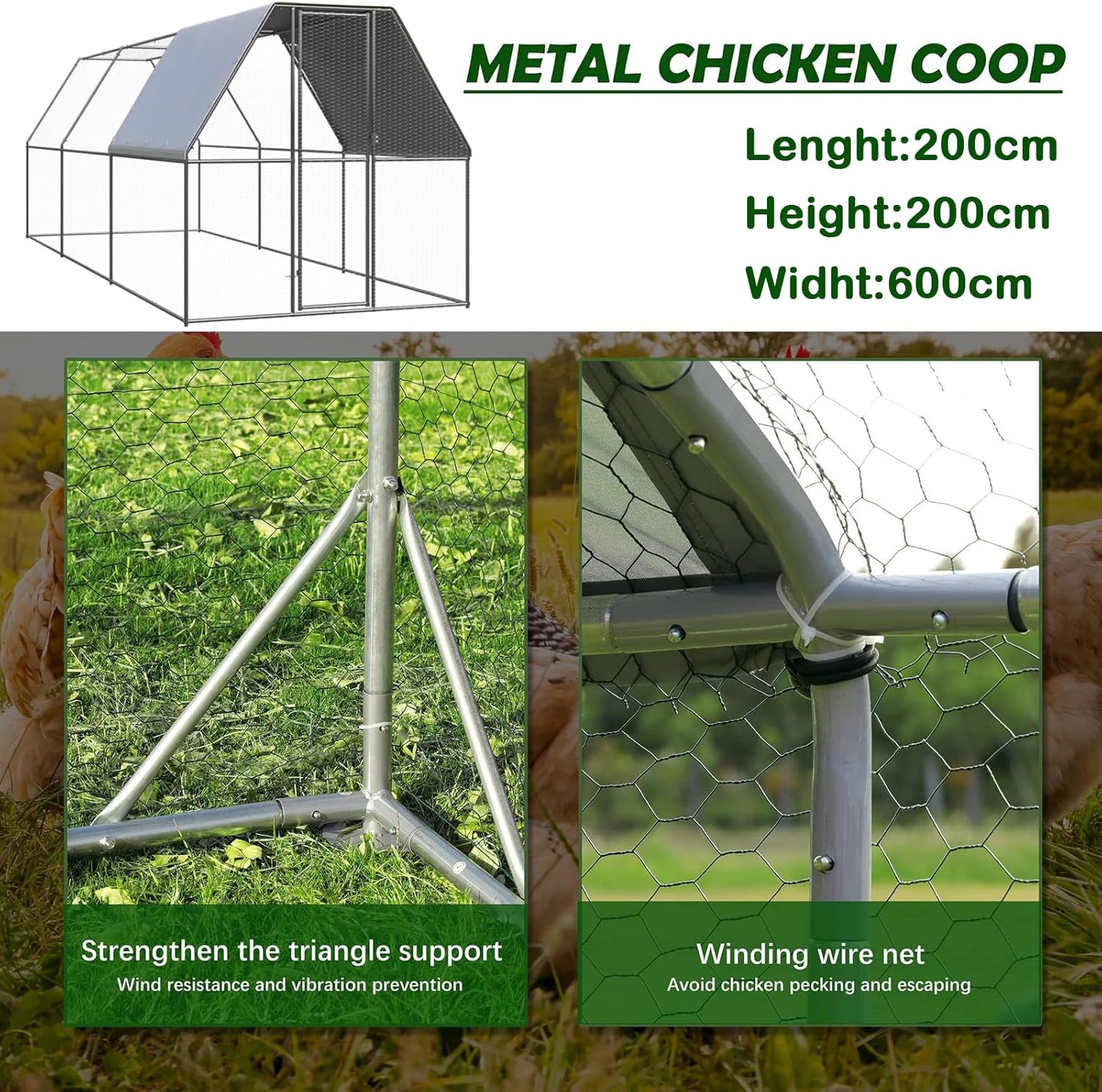 2X6X2M Large Chicken Coop Run, Chook Pen Walk in Chook Cage House Shelter Outdoor Chicken Cage Galvanised Steel image number 4
