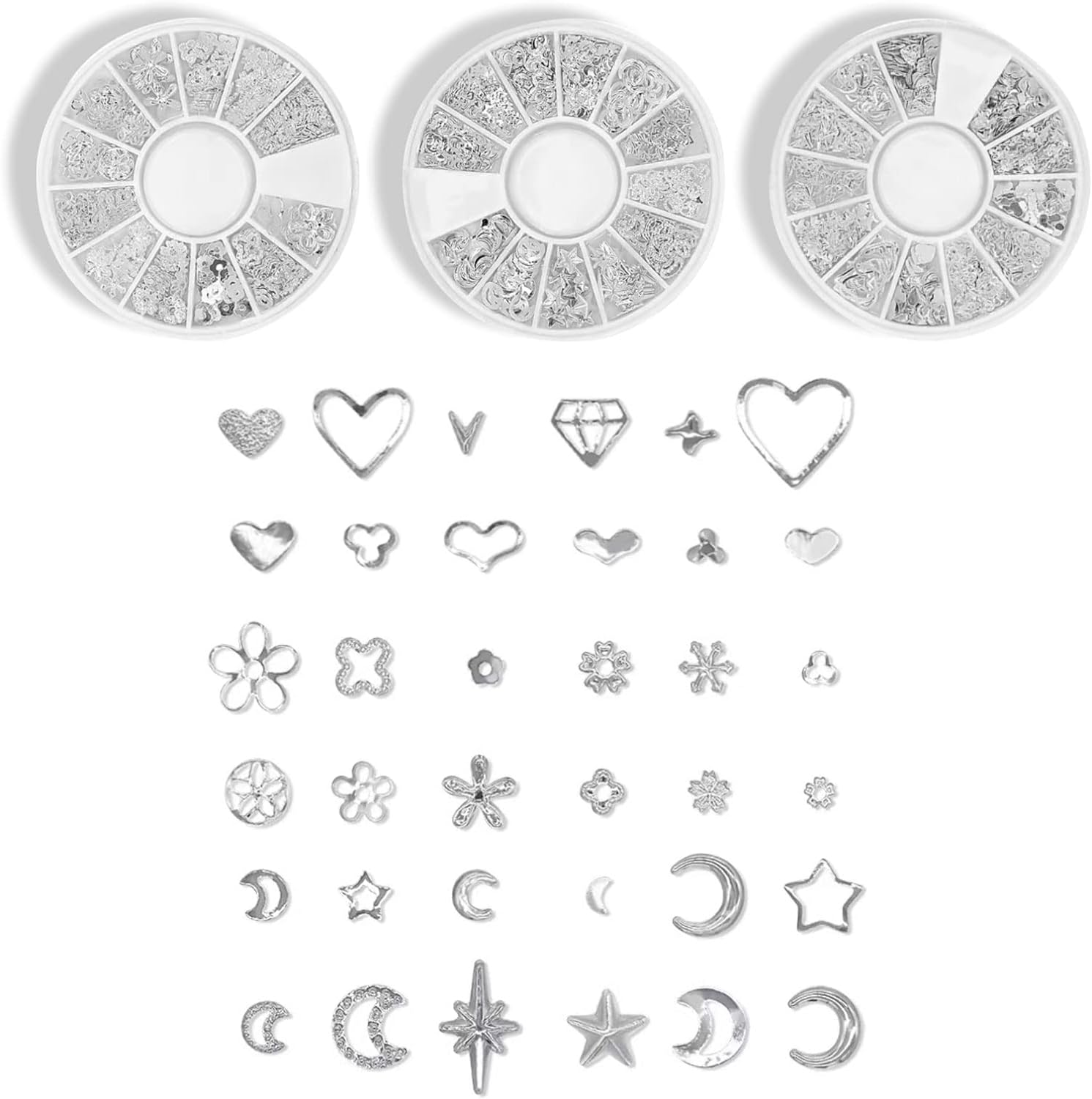 Silver Nail Charms 3D Nail Art Accessories Metal Nail Charms for Acrylic Nails, Hollow Heart Nail Charms 3D Nail Art Decoration with Nail Packaging Boxes(3 Boxes)，Diy Nail Stuff for Nail Techs image number 3