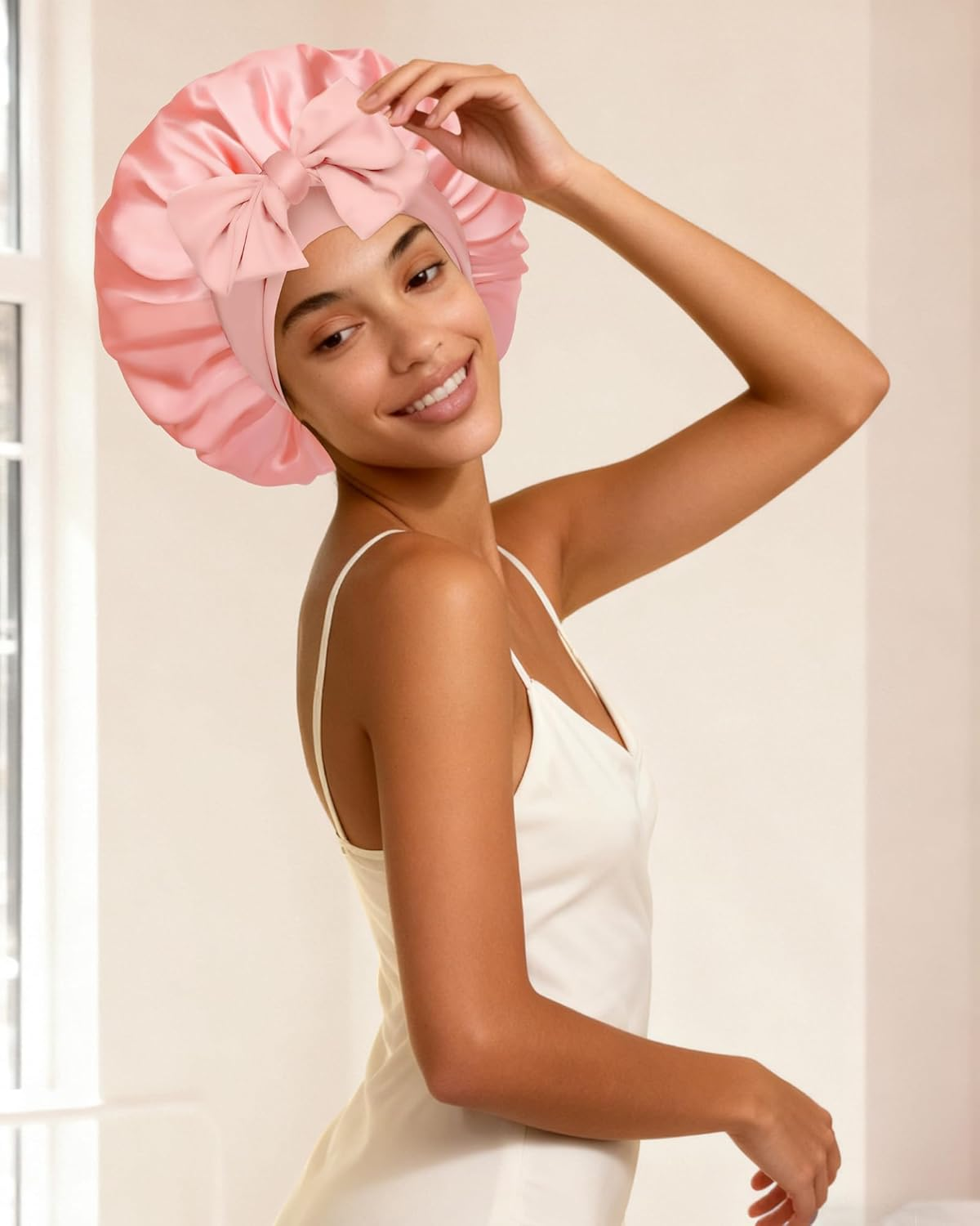 Reversible Satin Bonnet for Sleeping Women Double Layer Hair Bonnet with 2PCS Hair Scrunchies Elastic Tie Band Night Cap, Apricot Powder+Champagne image number 4