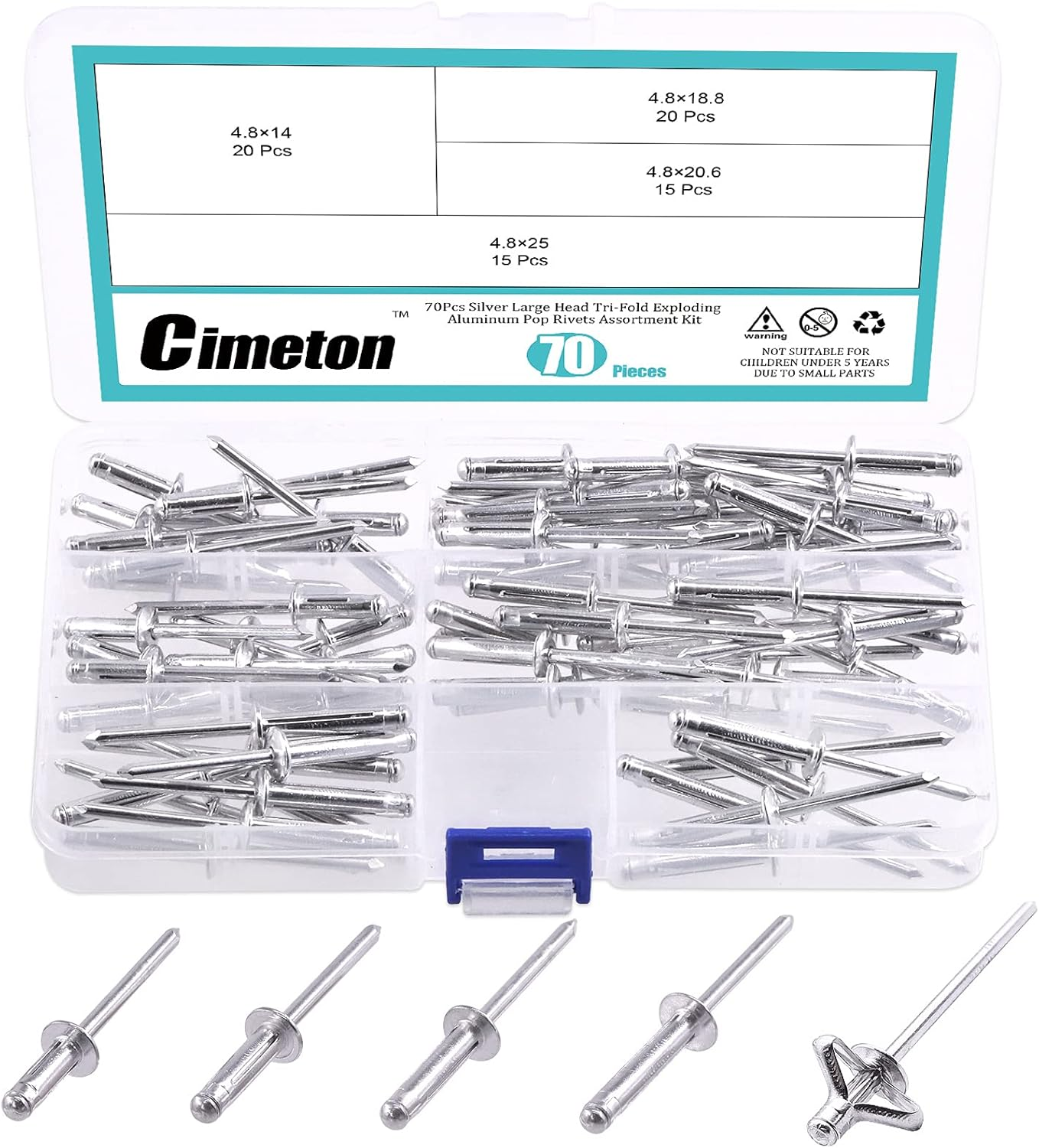 80Pcs 3/16" Long Grip Tri-Grip Rivets Tri-Fold Tri Bulb Long Pop Mounting Rivet Kit for Kayak and Boat Accessories