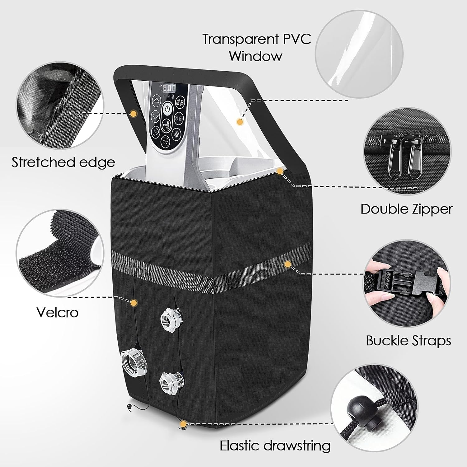 TOHONFOO Heavy Duty Inflatable Hot Tub Pump Cover with Zipper Opening and Transparent PVC Top Window for Multiple Spa Heater Pumps (Black, Cover Only) image number 2