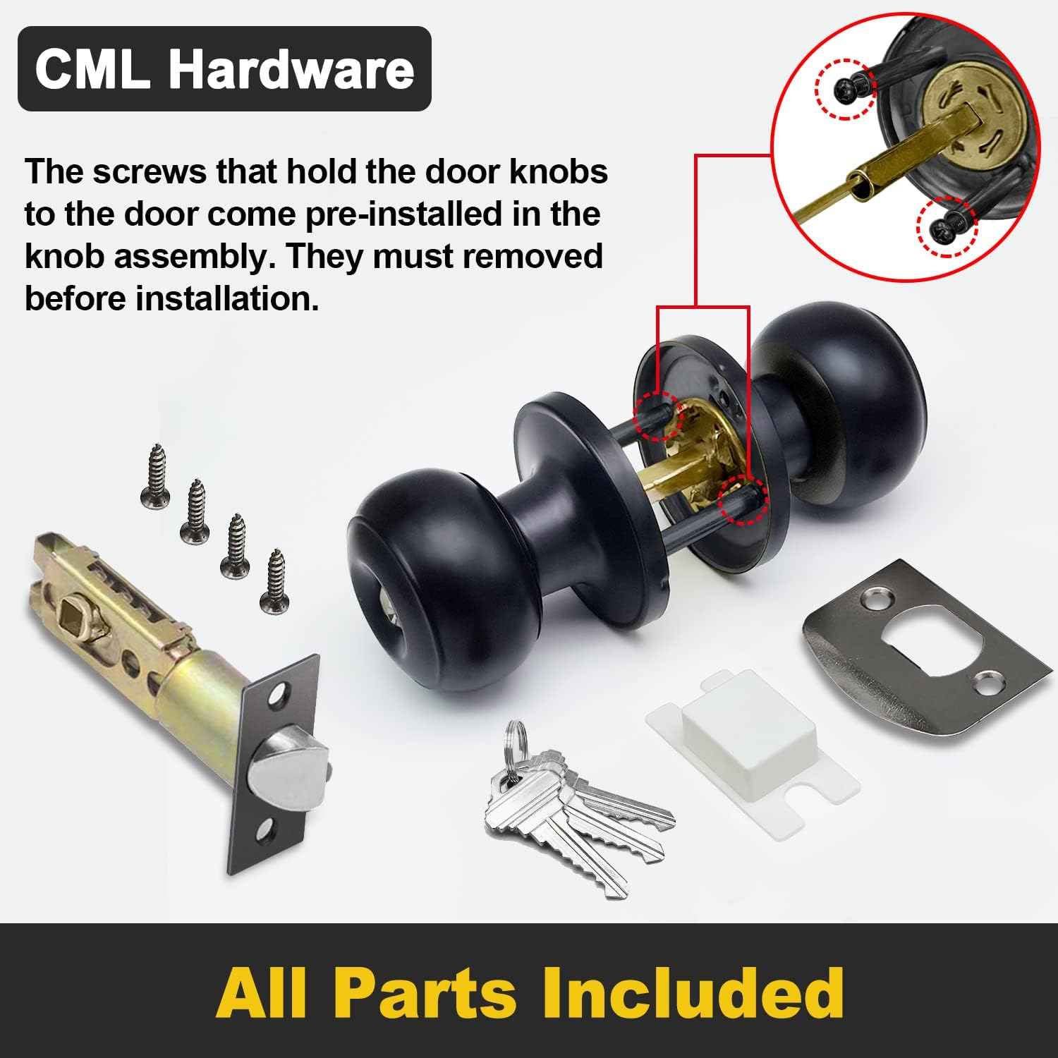 CML Hardware (3 Pack) Keyed Alike Entry Door Knob, Matte Black Exterior Door Lock for Front Door and Entrance, round Ball Handle - 3, Silver image number 7