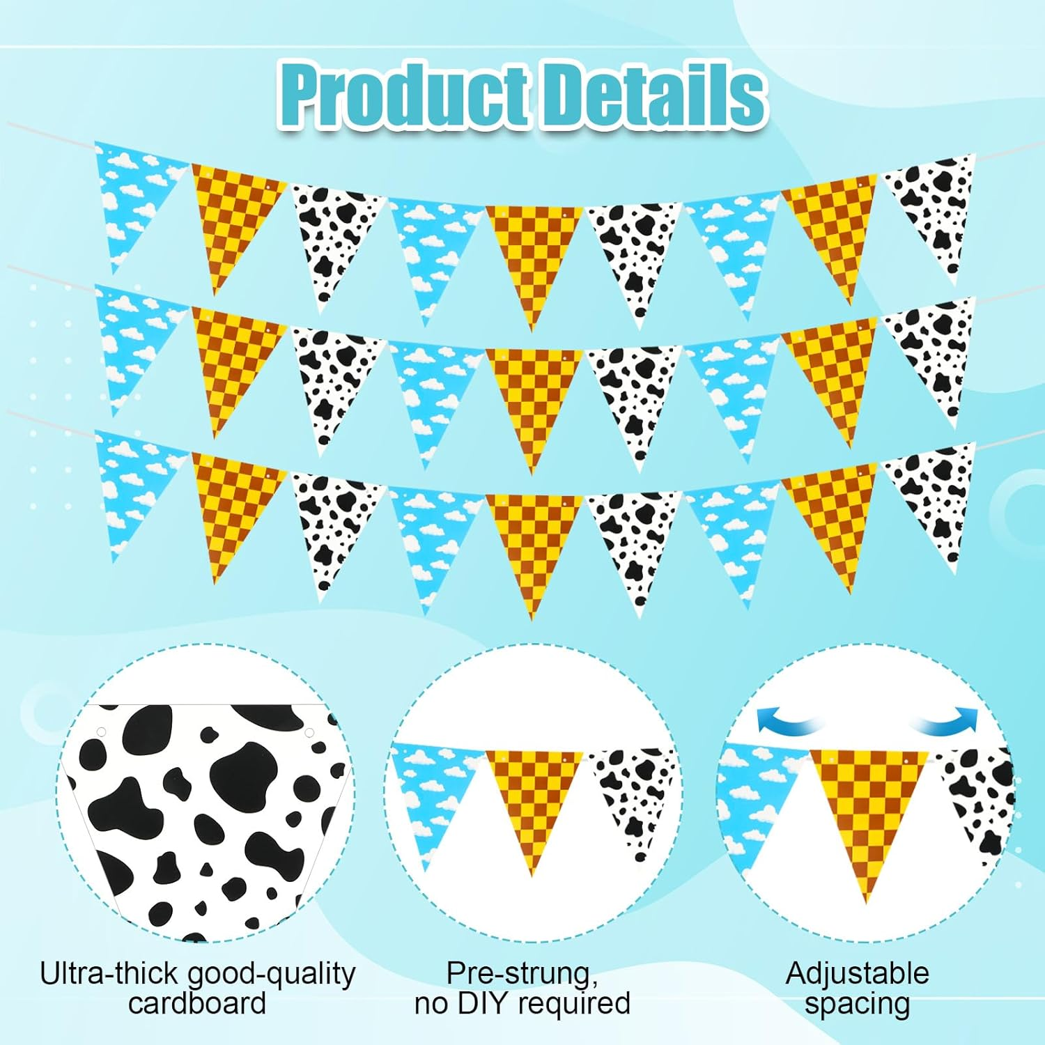 4Pcs Cartoon Birthday Decorations, Cartoon Story Party Decorations Triangle Pennant Flag Blue Yellow Red Party Decor Outdoor Garden Supplies for Outdoor Indoor Decorations image number 2