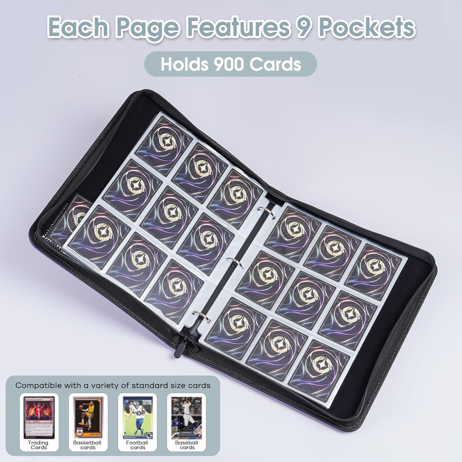 Procase 900 Pockets Card Binder with Clear Window for Trading Cards, 9 Double Sided Pockets Colletction Album Holder with Removable Sleeves for MTG, TCG, Sports, Football -Purple image number 6