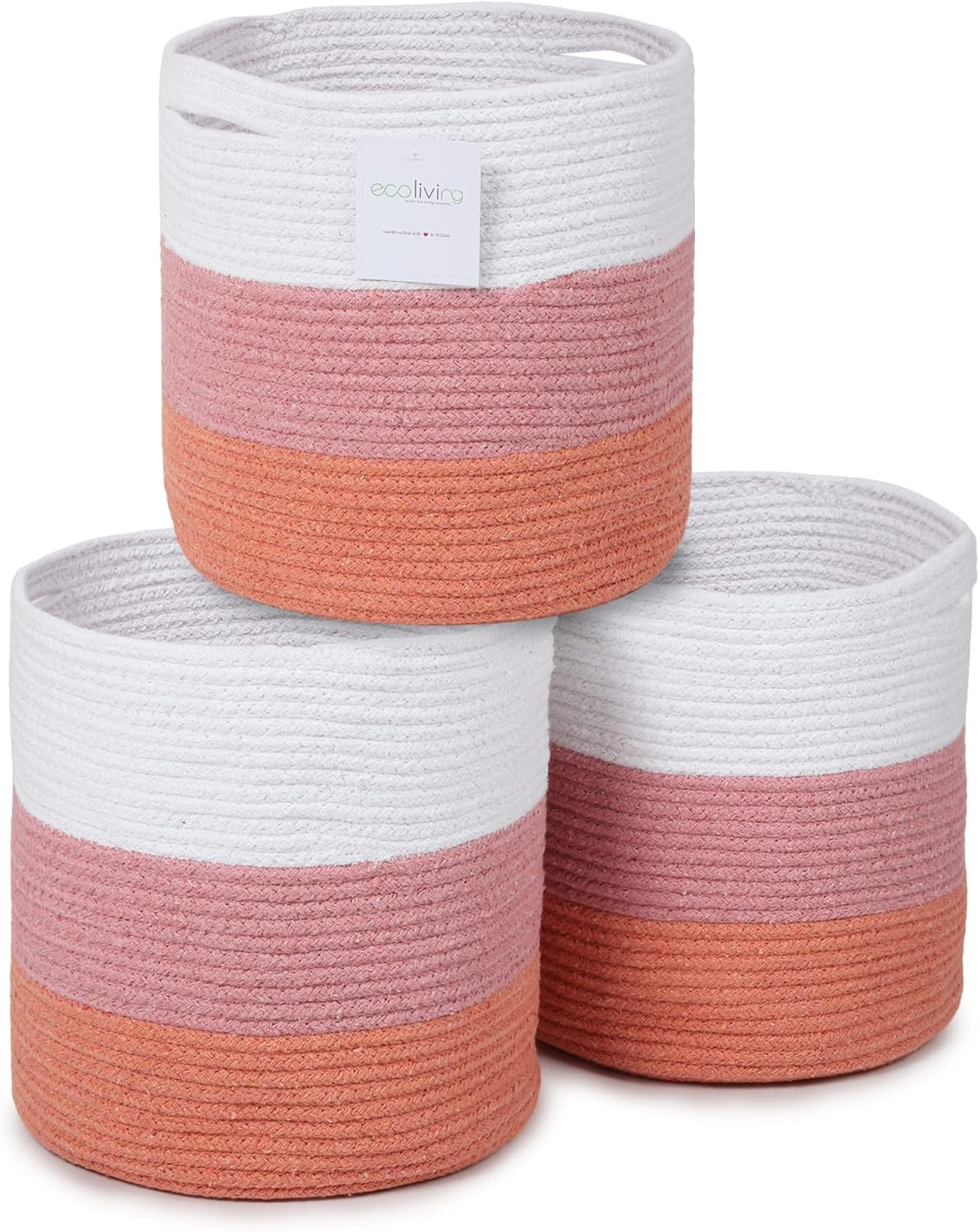 Recycled Cotton Rope Storage Cube Basket, Plant Basket Multi-Purpose Woven Cube Organizer/Shelves, Closet Storage Bins, Nursery Kids Room Organizer 11 Inch Set of 3 - White & Pink image number 1