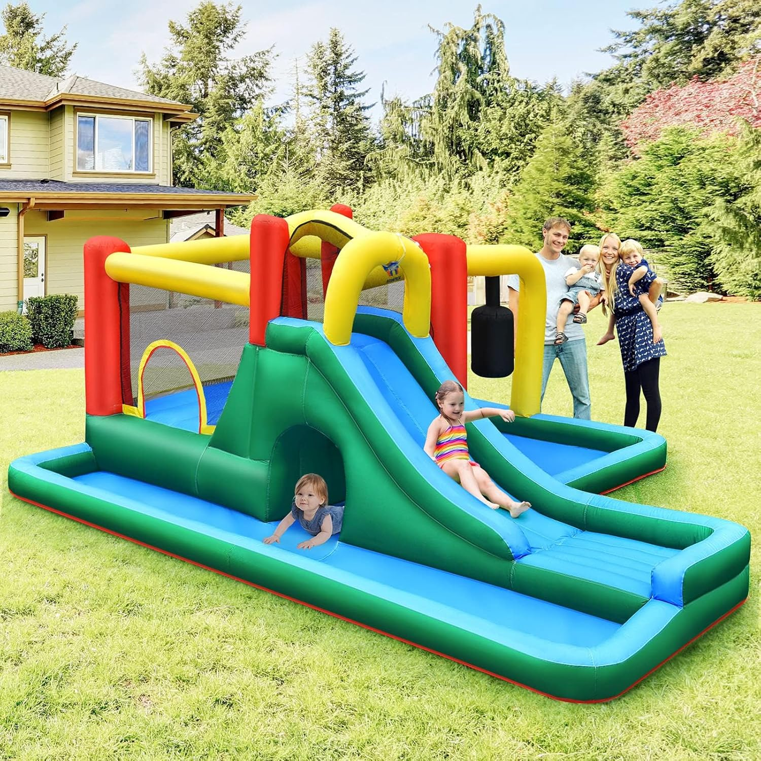 HONEY JOY Inflatable Water Slide, 6-In-1 Kids Water Slide Jumping Bounce House, Inflatable Pool with Slide, Climbing Wall, Tunnel, Pendulum, Blow up Water Slides for Backyard (Without Blower) image number 5