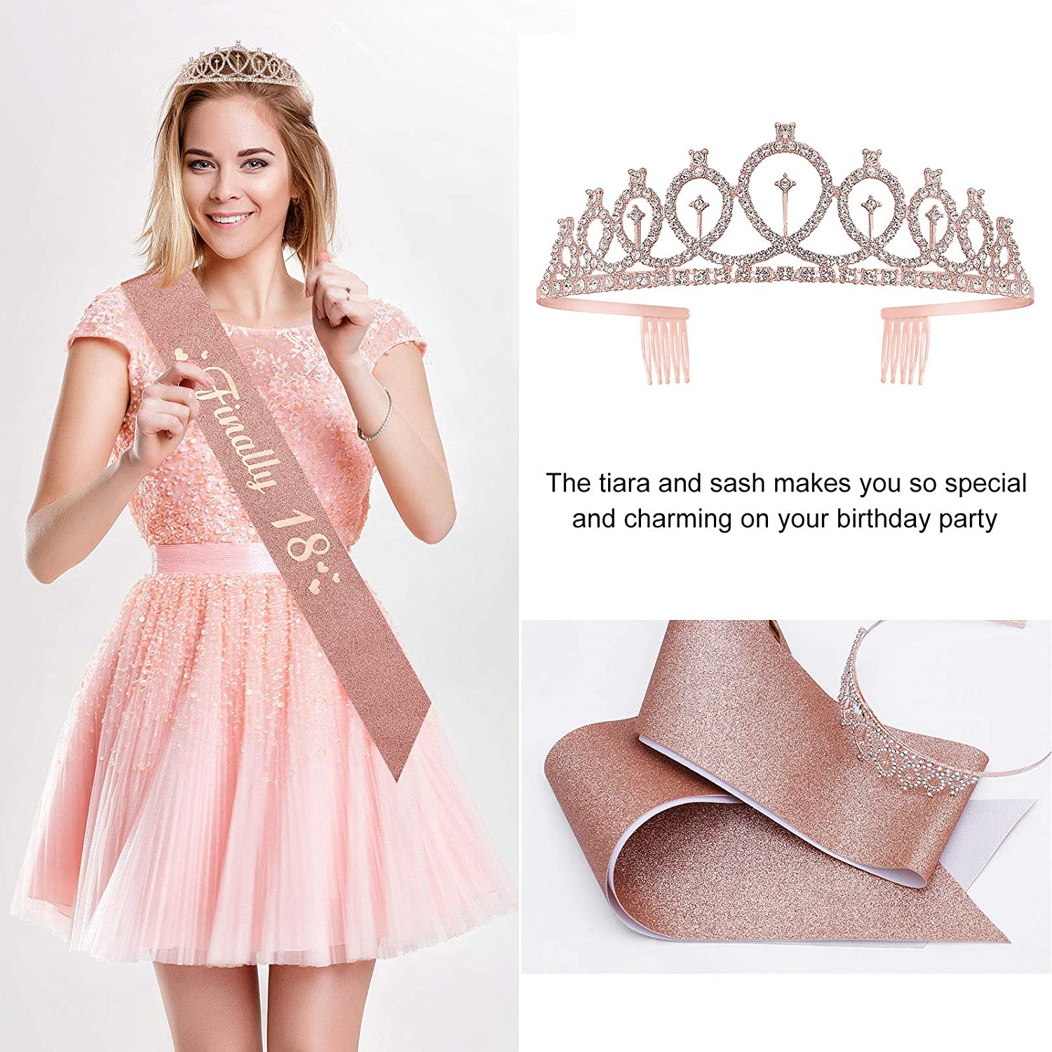 Rose Gold 18Th Birthday Party Decorations for Girls, Supplies Including Happy Birthday Balloons, Fringe Curtain, Tablecloth, Photo Props, Foil Balloons, Sash and Tiara image number 4