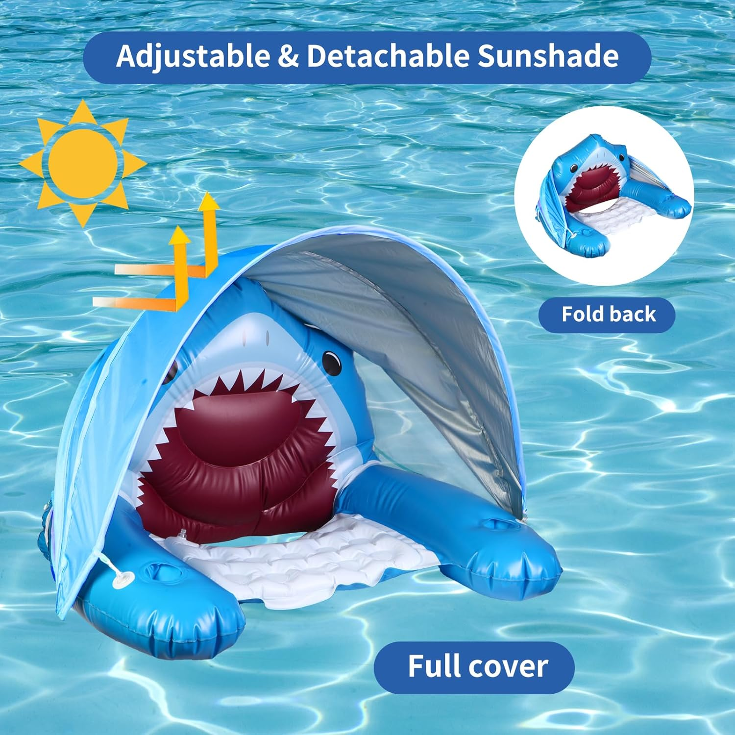 Inflatable Shark Pool Floats Chair with Canopy, Cup Holders for Adults | Large Pool Lounge Chairs with Adjustable Sunshade, Drink Holder and Ergonomic Headrest | Beach Floats Pool Chair