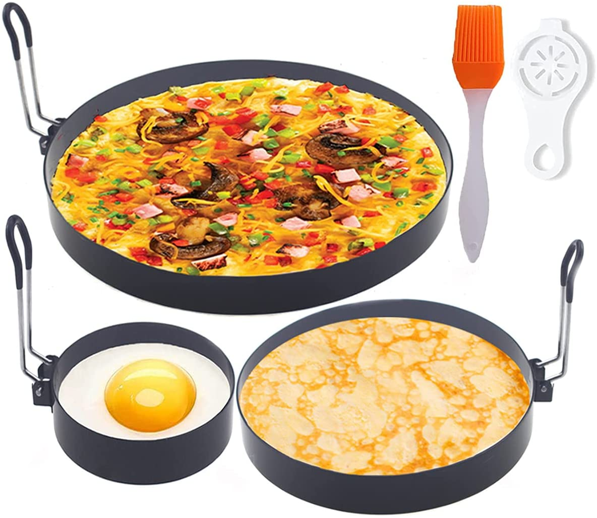 Stainless Steel Egg Cooker Set - 8" Omelette Ring, 6" Pancake Ring, 4" Griddle Egg Ring - Non-Stick, Upgrade Large 3 Packs Egg Cooking Rings with Oil Brush & Egg Separator image number 4