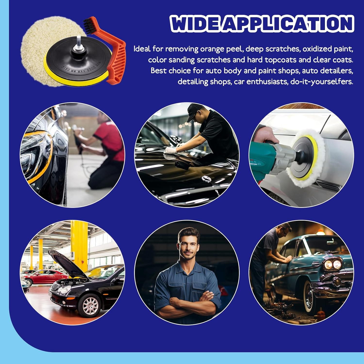 3Pcs 8" Wool Buffer Pad and 7" Hook and Loop Flexible Edge Polishing Backing Pad with Foam Buffing Pad Conditioning Brush for Compound Cutting Polishing and Automotive Car Detailing image number 4