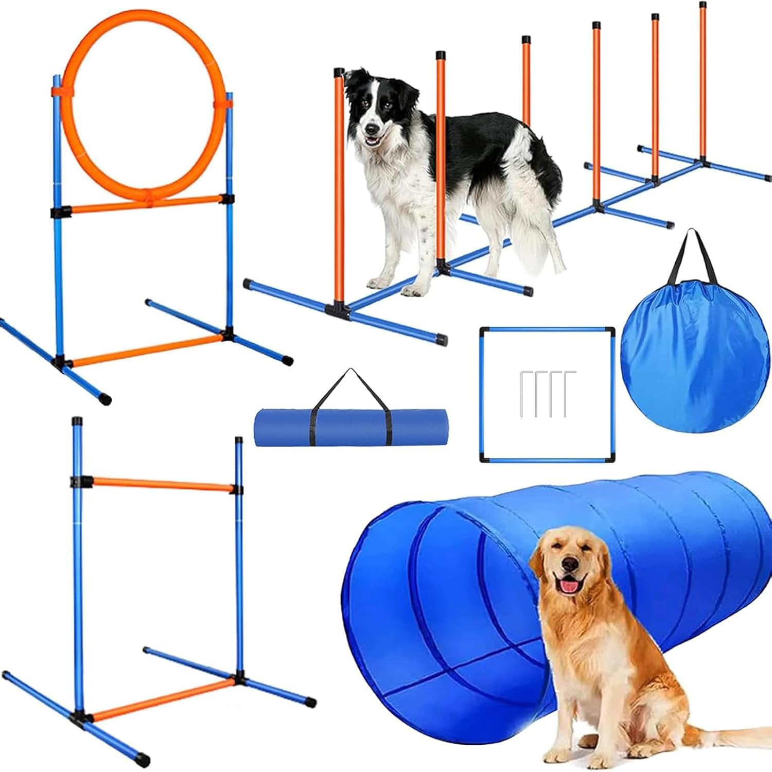 Dog Agility Training Equipment, Dog Obstacle Course Training Starter Kit Includes Tunnel, Weave Poles, Adjustable Hurdle, Jump Ring, Pause Box,Carrying Bag, Pet Outdoor Games image number 3