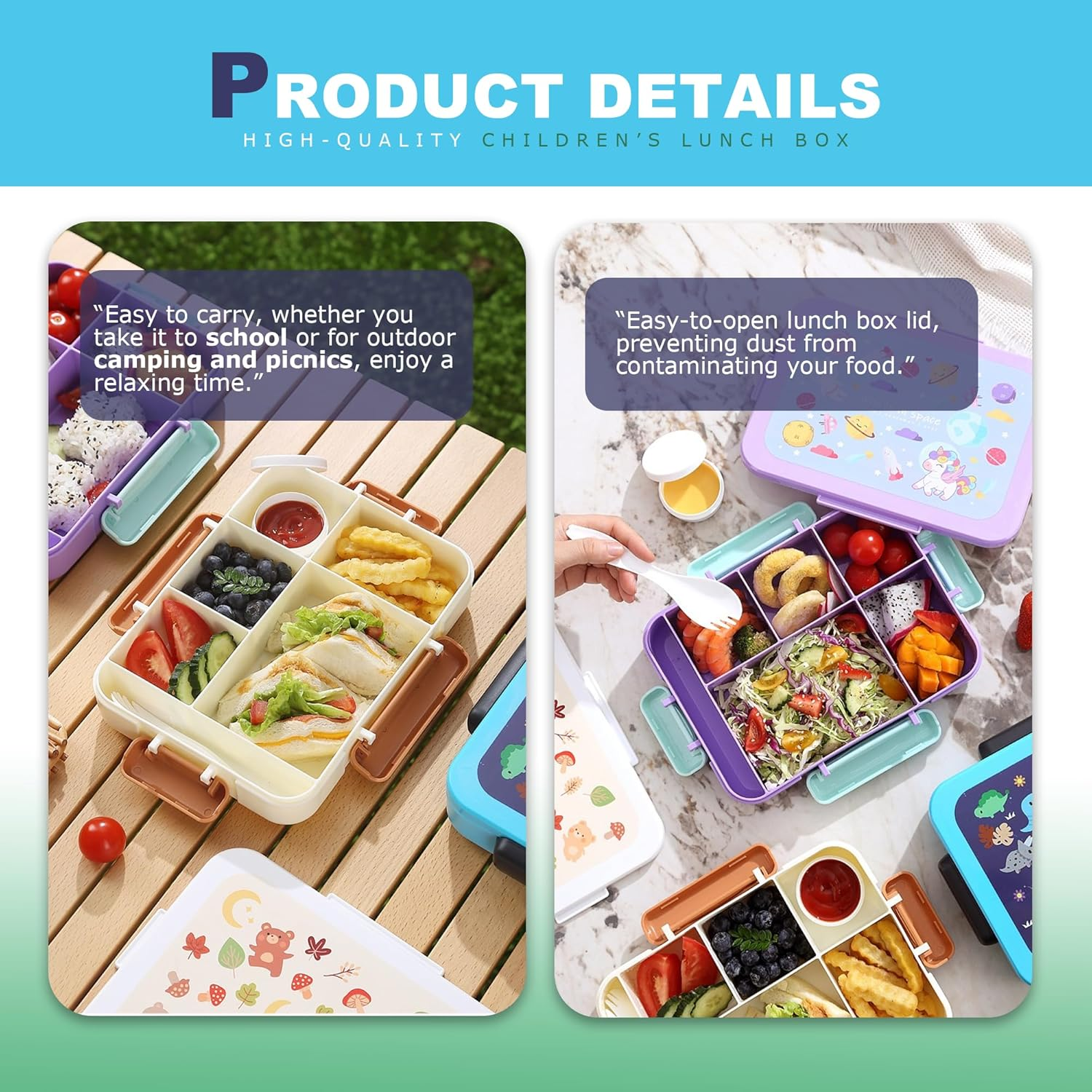 STRONGBERRY Kids Lunch Box, Healthy and Microwave - Safe, Dinosaur Parade, Purple Unicorn, Brown Bear Designs (Blue Dinosaur& Bag) image number 5