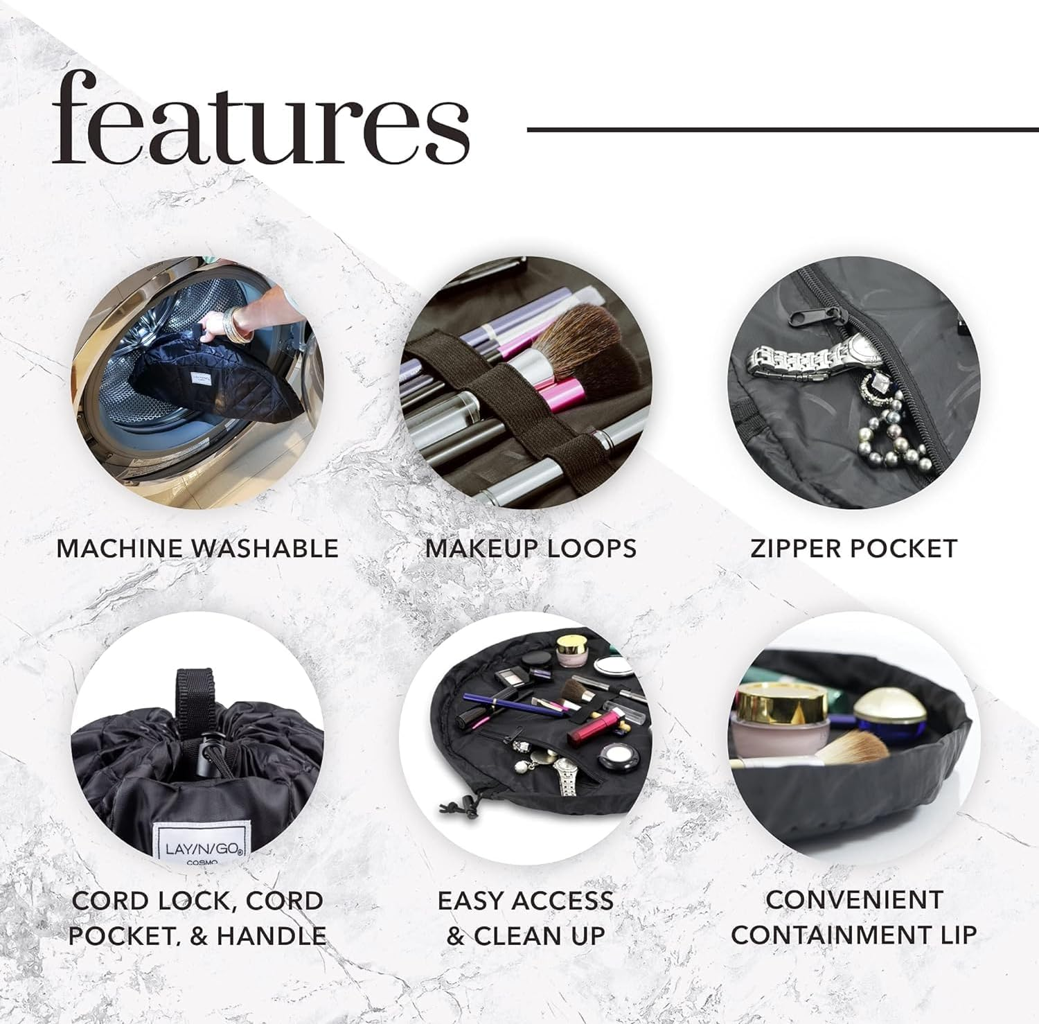 Cosmo Drawstring Cosmetic & Makeup Bag Organizer, Lazy Toiletry Bag Waterproof Portable Travel Storage 20 Inch,Pink - Black image number 3