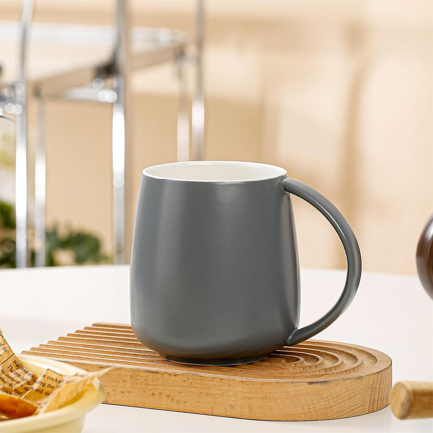 Classic Large Capacity Ceramic Belly Coffee Mugs 400Ml 14Oz Nordic Matte Finished Water Breakfast Toothbrush Egg Shaped Cup with Handle for Home Office Men Women (Gray) - Light Brown image number 4