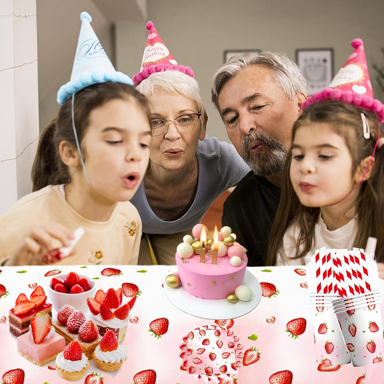 61PCS Strawberry Theme Birthday Tableware Set - Strawberry Decorations, Camping Party Supplies - Paper Plate, Cup, Napkin, Tablecloth, Fruit Party Table Decor image number 2