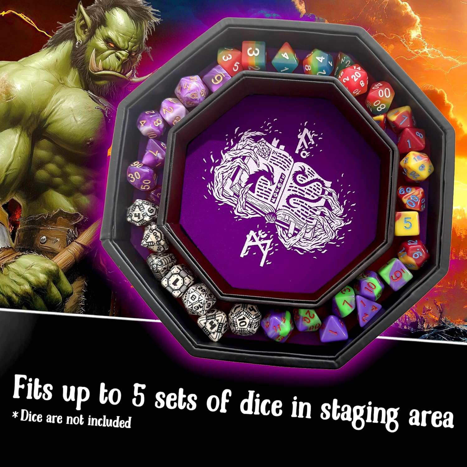 Fantasydice- Purple -Fire Dragon-Dice Tray - 8" Octagon with Lid and Dice Staging Area - for Dice, Board Games, Tabletop Rpgs like D&D (DND) 3.5 and 5E, Call of Cthulhu, Pathfinder, Shadowrun and More image number 1
