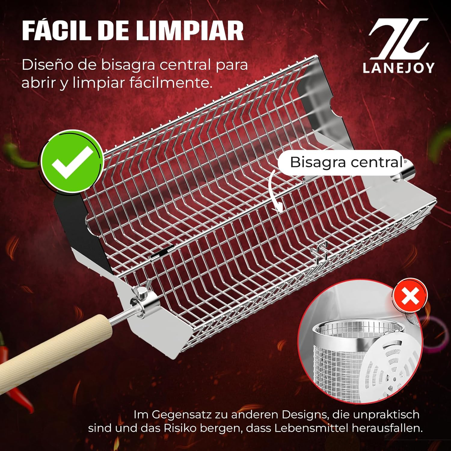 LANEJOY Rolling Grill Baskets with Removable Handle (Hexagonal), 2 PCS Stainless Steel Rolling Grilling Basket for Outdoor Grill, Portable Grill Nets for Vegetable Shrimp Chicken, Barbecue Accessories