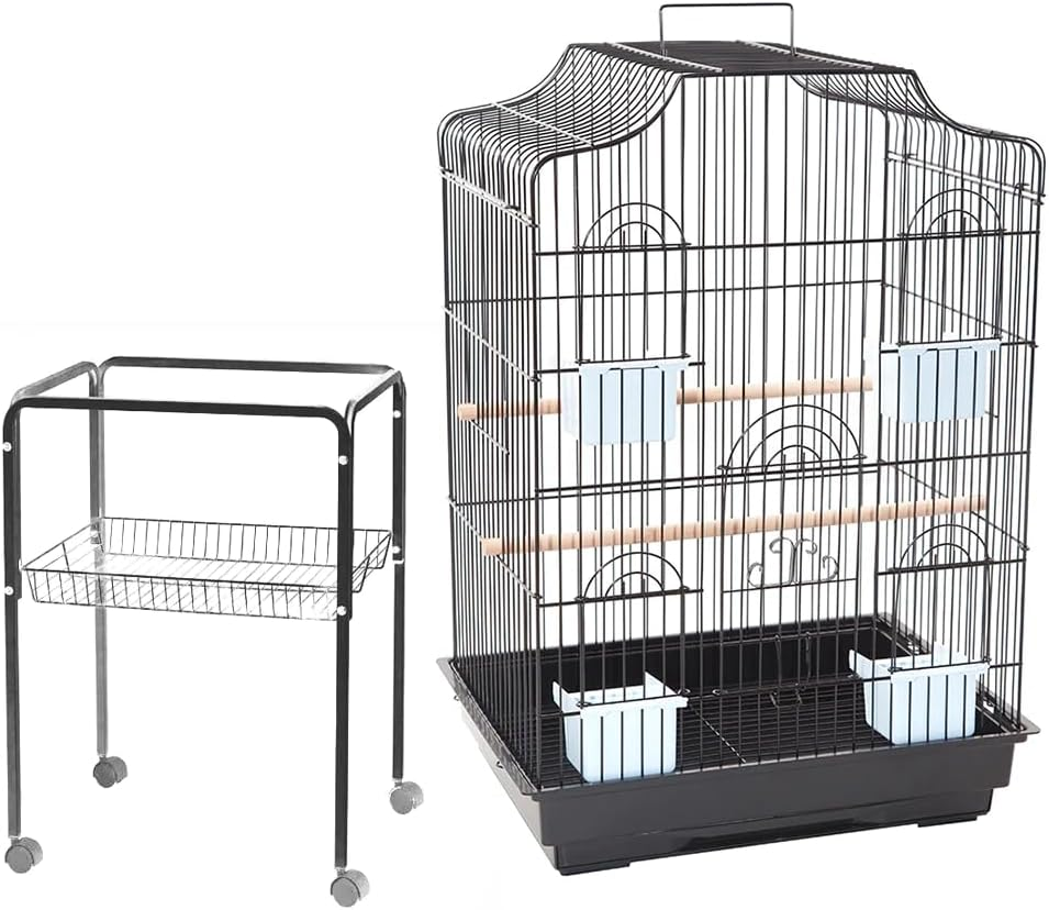 Pet Bird Cage with Stand Parrot Aviary Canary Budgie Finch Perch Black Portable Metal