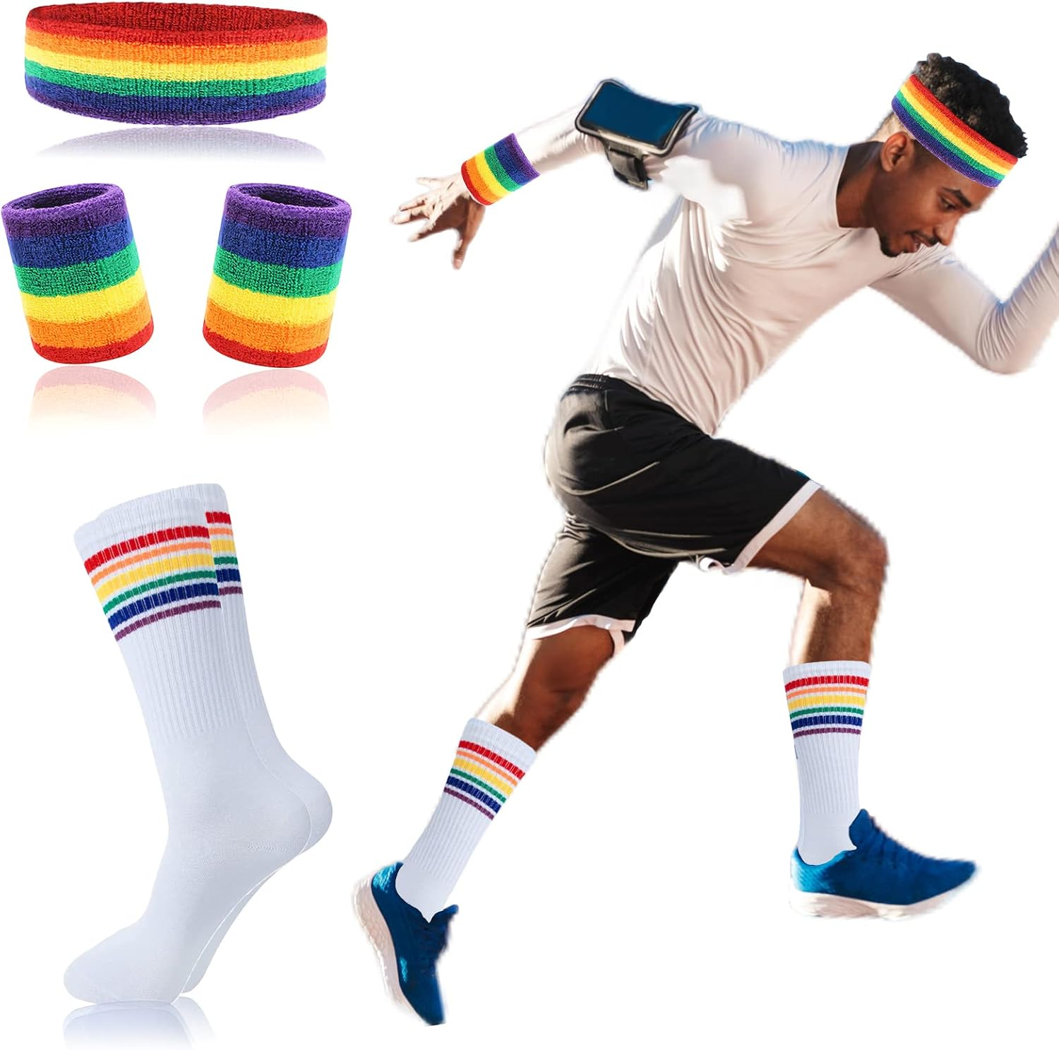 MAGIDOVE 5PCS Sweat Band Wristbands Set Sports Headband with Knee High Tube Socks for Men Women Indoor Outdoors Activities