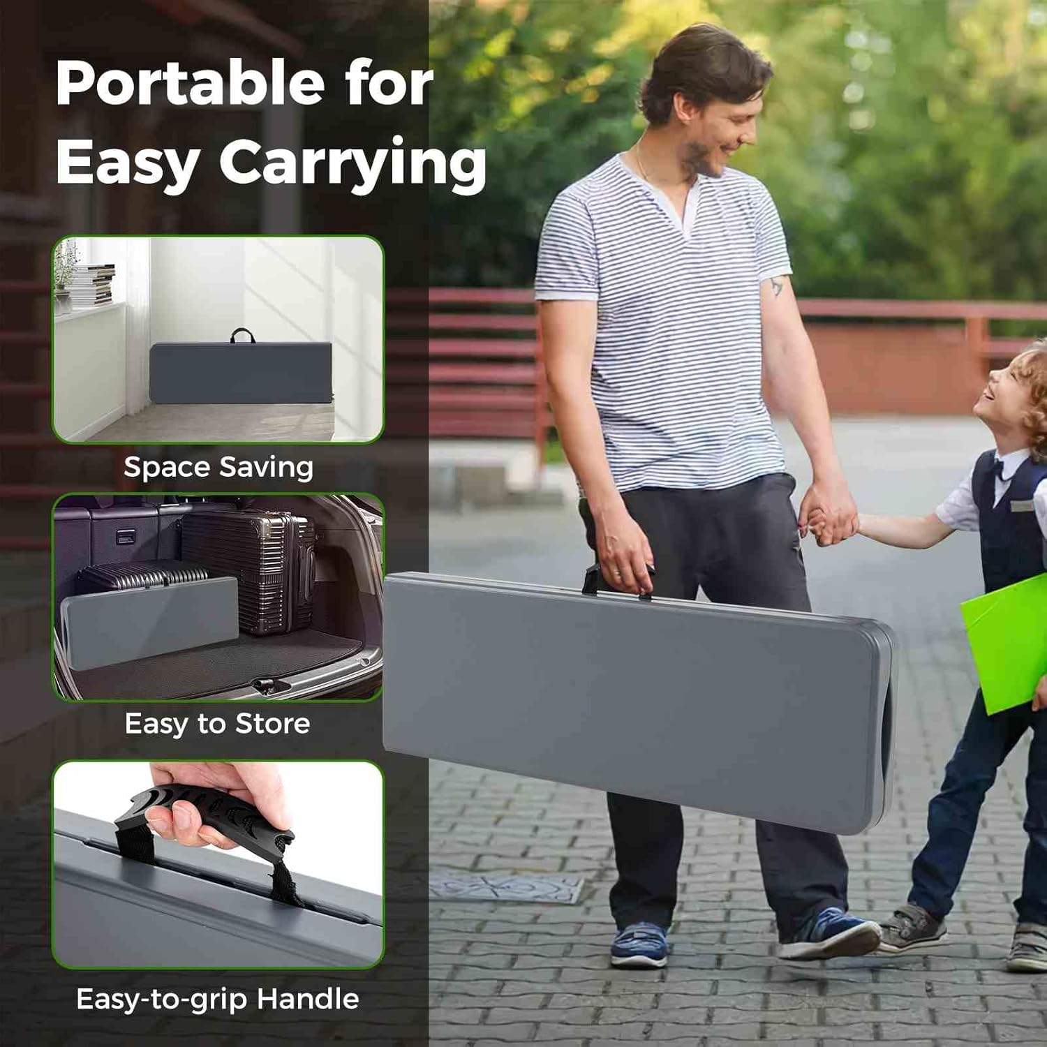 Costway 180Cm Outdoor Plastic Folding Bench, Portable Fold-In-Half Seat W/ 600Kg Capacity, HDPE Thickened Long Seat W/Handle & Lock, for Outdoor Camping Picnic Party Soccer Events (Gray) image number 5