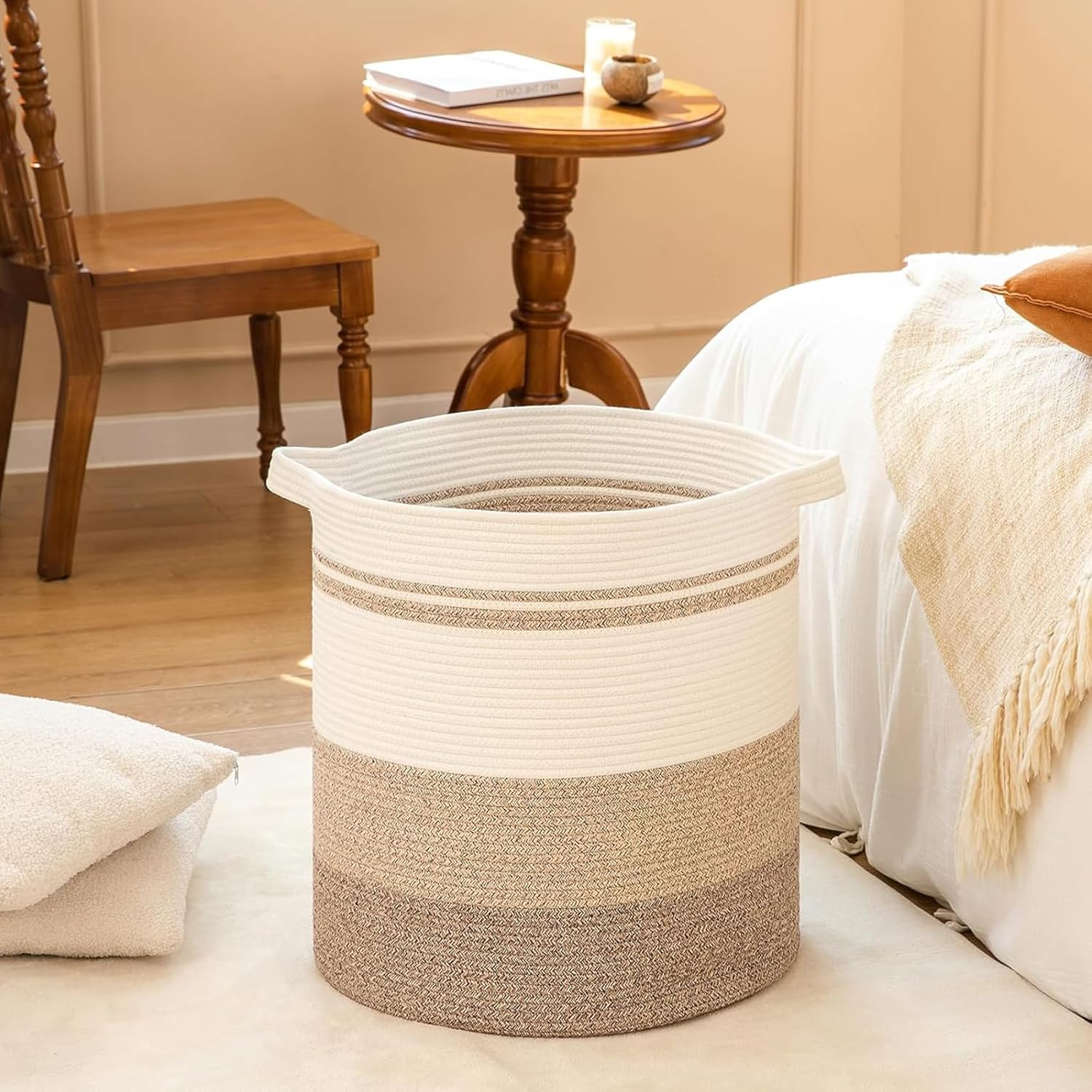 Woven Cotton Rope Laundry Storage Basket with Handles, round Hamper for Pillow, Clothes, Blanket,Toys, 45 * 45 * 50Cm White Yellow image number 5