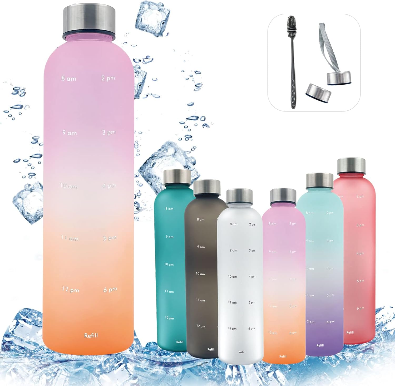 Lightweight Water Bottle Water Bottle 1000Ml with Time Marker Transparent Mint Motivational Measuring Time and Volume BPA Free Frosted Plastic Screw-In Stainless Steel Lid for Gym, Sports