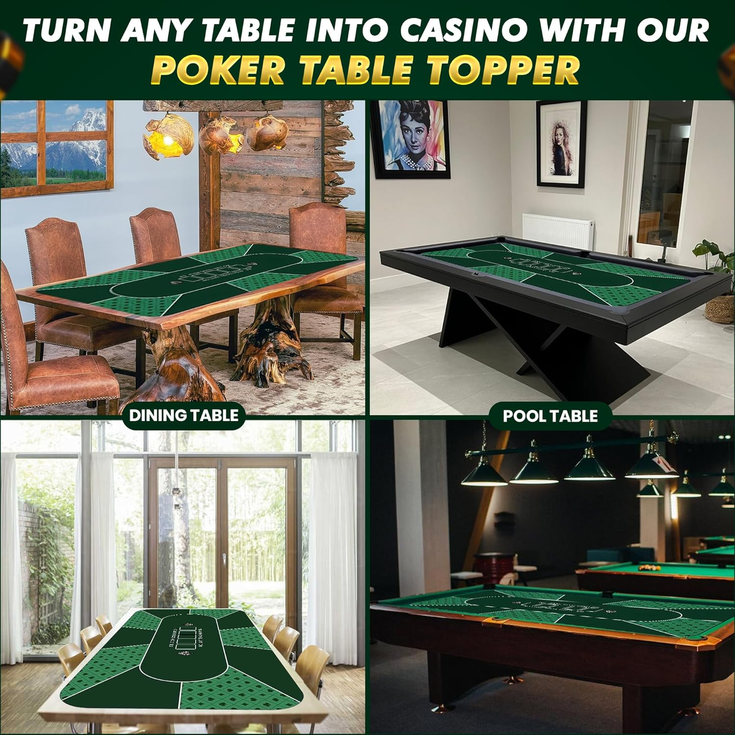 Poker Mat 70 X 35 Inch/180X90Cm - 8-10 Players Texas Hold'Em Poker Rubber Mat Poker Topper for Tables, Folding Portable Poker Table Top with Carrying Bag for Poker Games, Blackjack, Casino (Green) image number 1