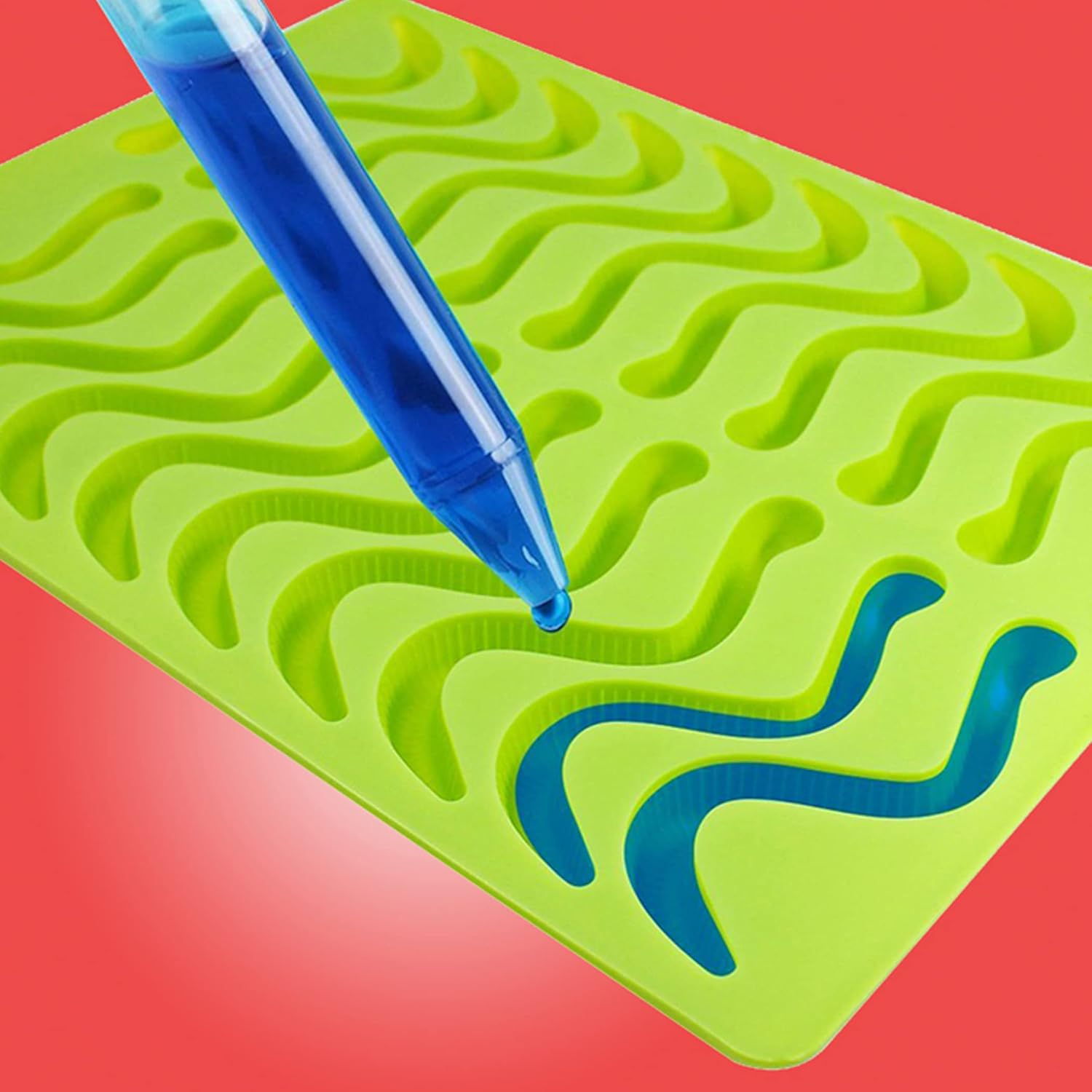Better Kitchen Products, 3 Piece, 20 Cavity Silicone Gummy Worm Molds with 3 Matching Droppers, Purple, Aqua and Lime image number 3